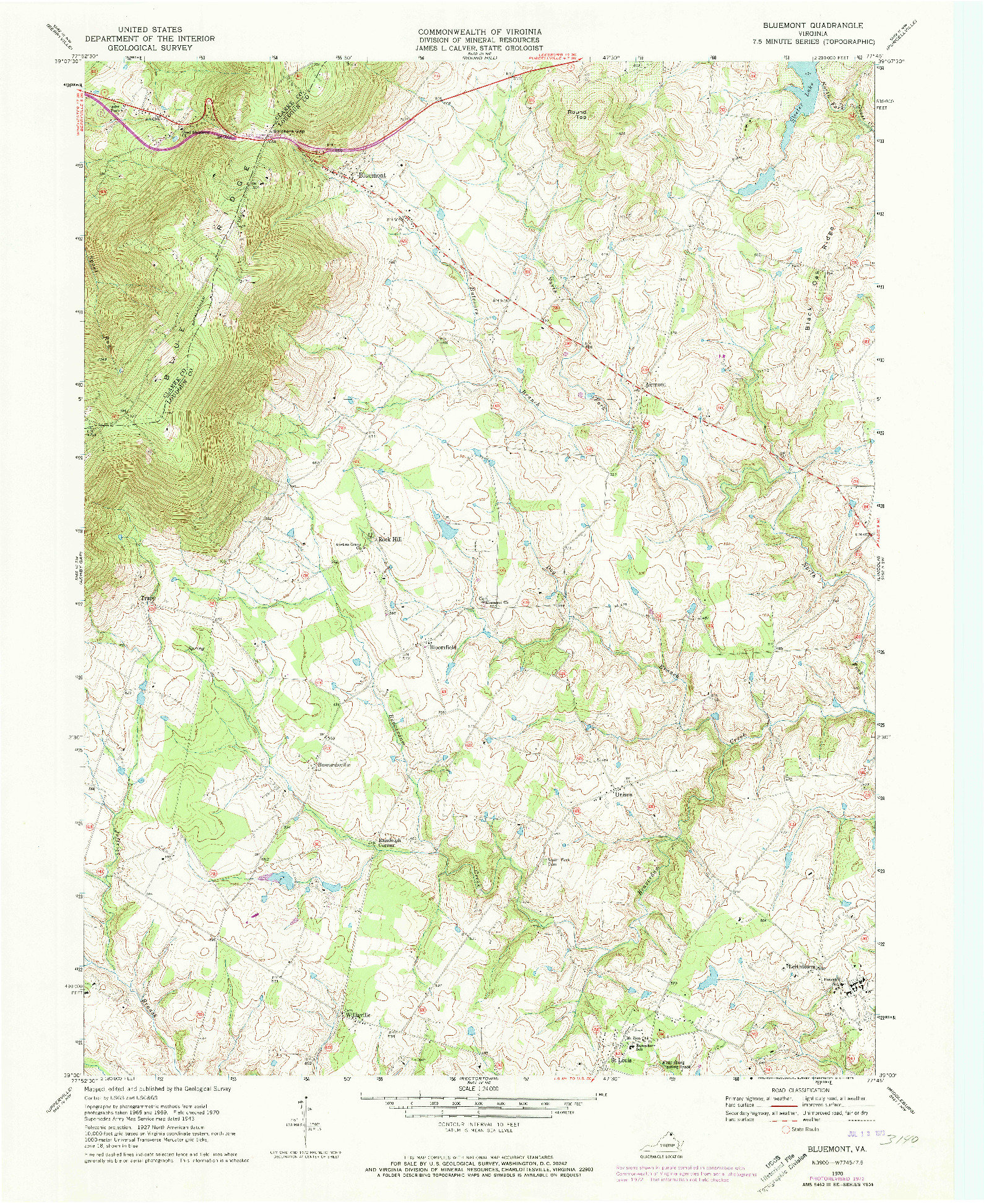 USGS 1:24000-SCALE QUADRANGLE FOR BLUEMONT, VA 1970