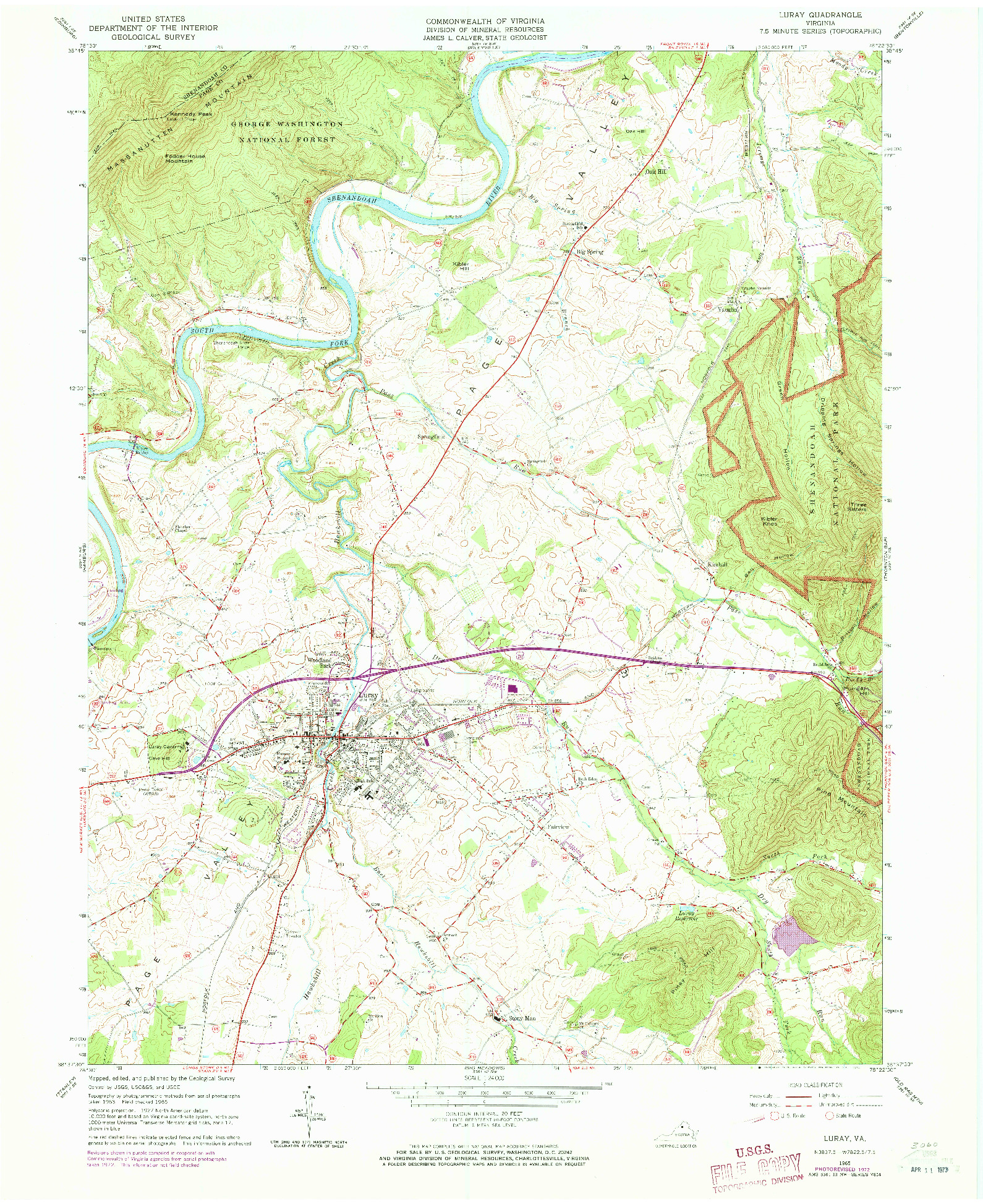 USGS 1:24000-SCALE QUADRANGLE FOR LURAY, VA 1965