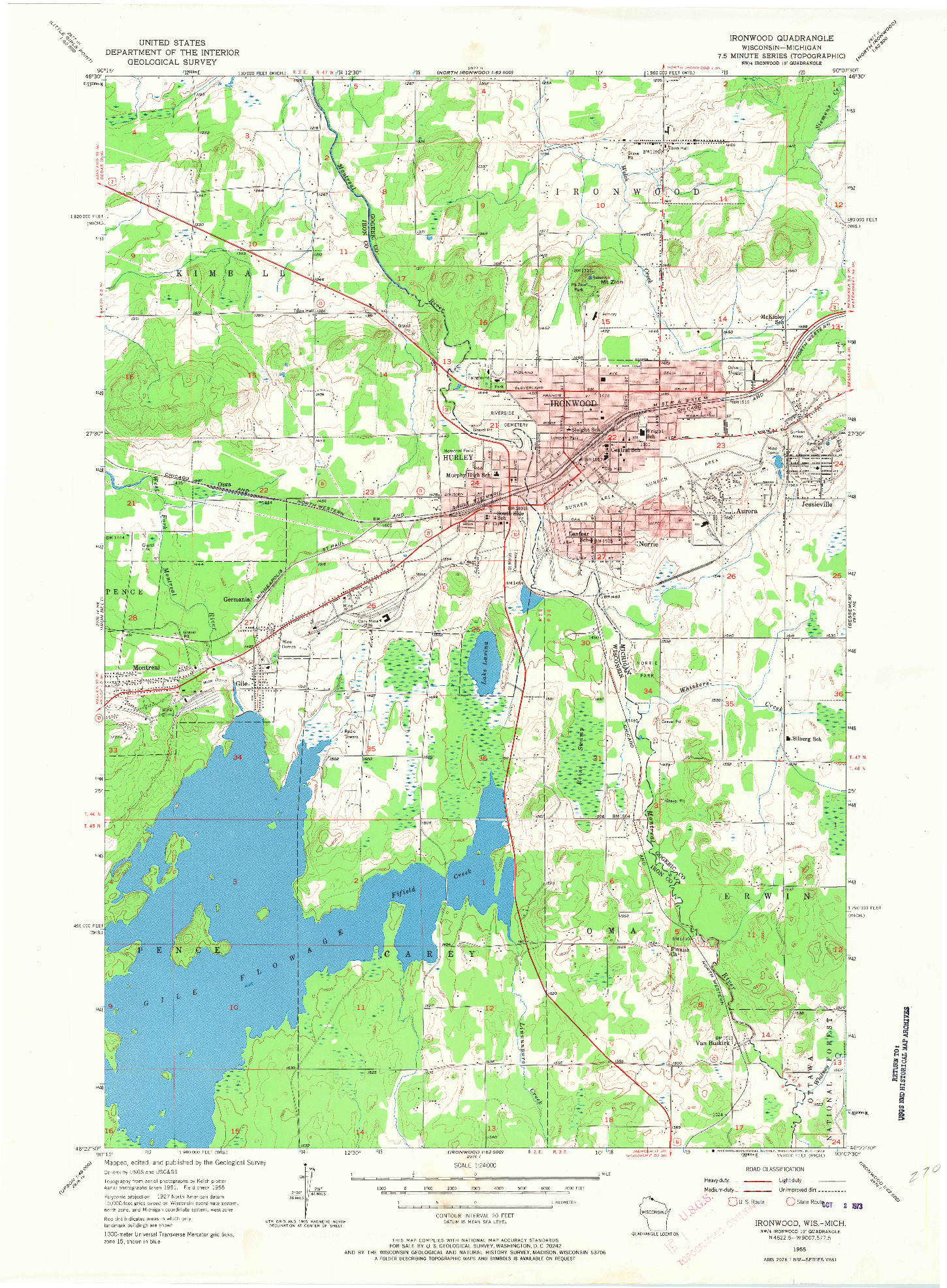 USGS 1:24000-SCALE QUADRANGLE FOR IRONWOOD, WI 1955