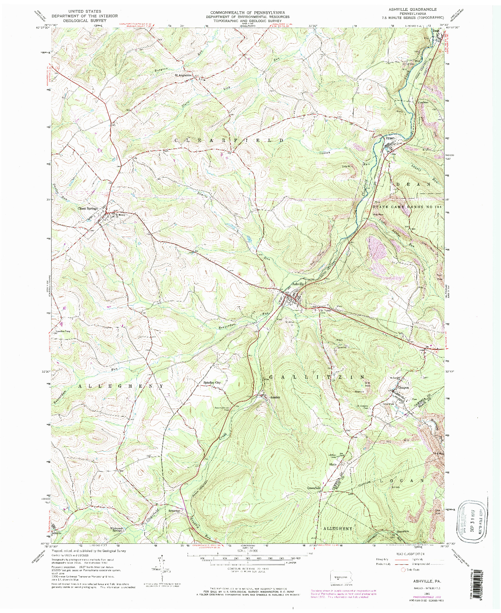 USGS 1:24000-SCALE QUADRANGLE FOR ASHVILLE, PA 1961