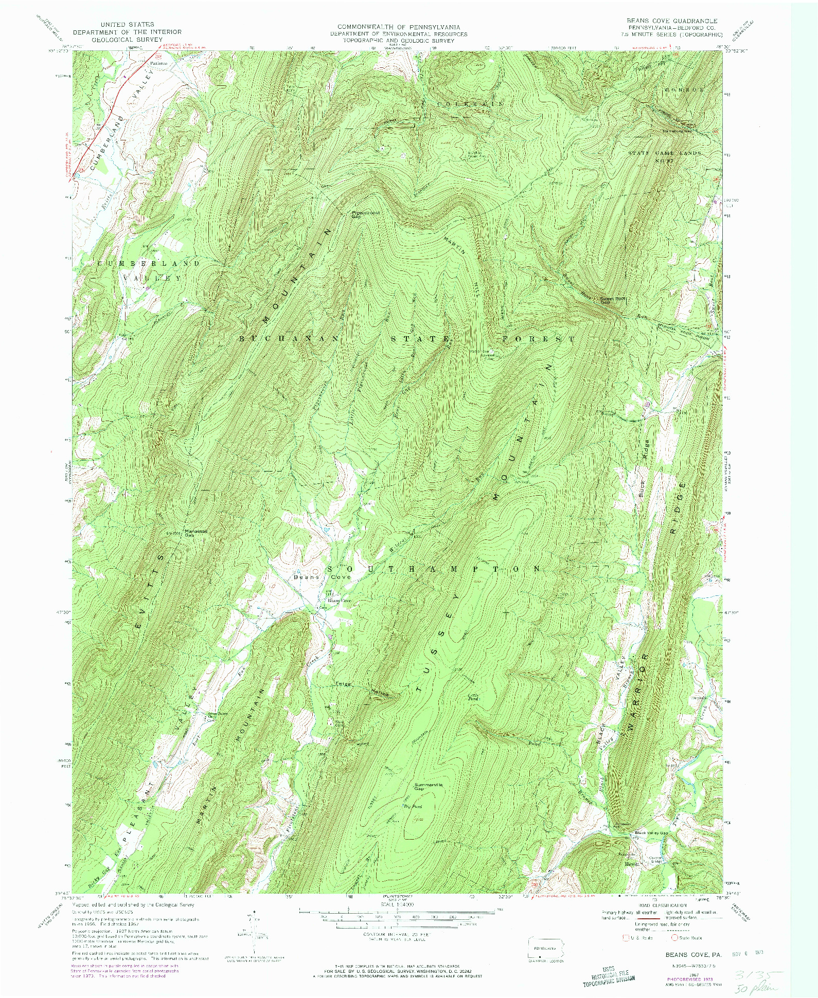 USGS 1:24000-SCALE QUADRANGLE FOR BEANS COVE, PA 1967