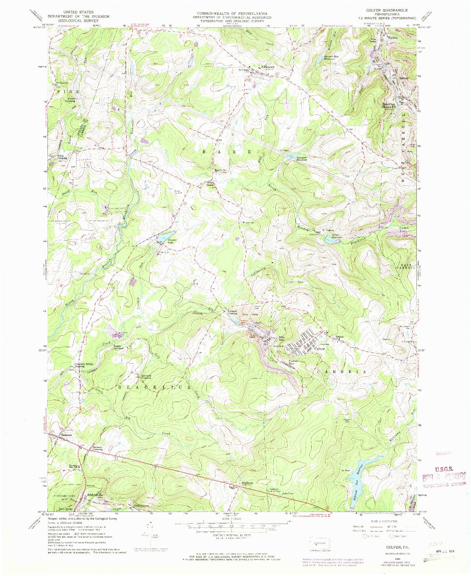 USGS 1:24000-SCALE QUADRANGLE FOR COLVER, PA 1961