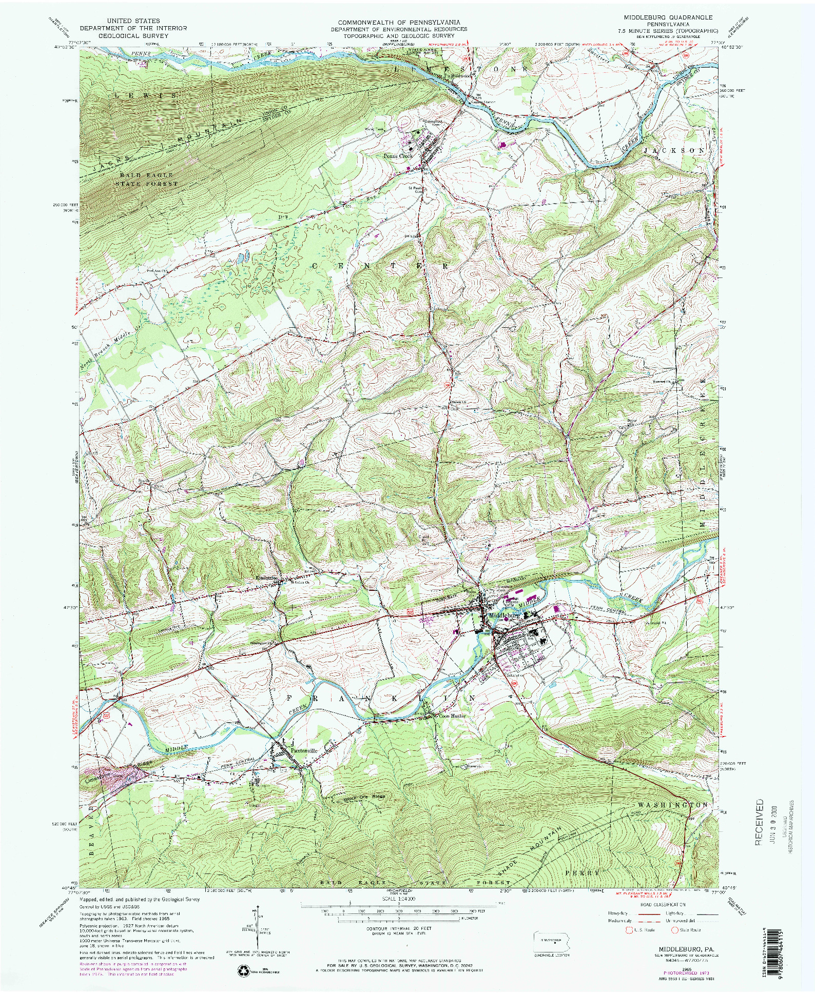 USGS 1:24000-SCALE QUADRANGLE FOR MIDDLEBURG, PA 1965
