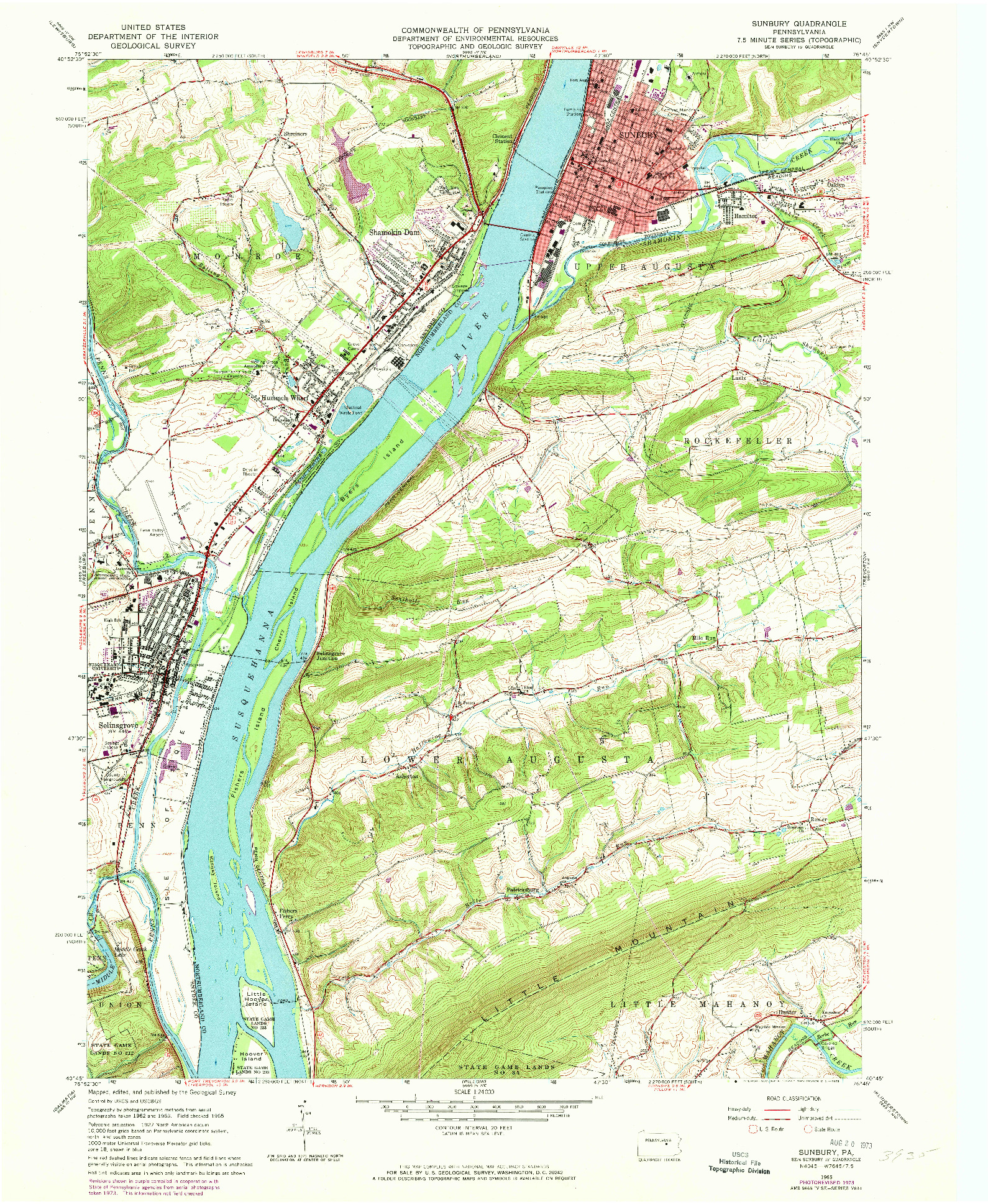 USGS 1:24000-SCALE QUADRANGLE FOR SUNBURY, PA 1965