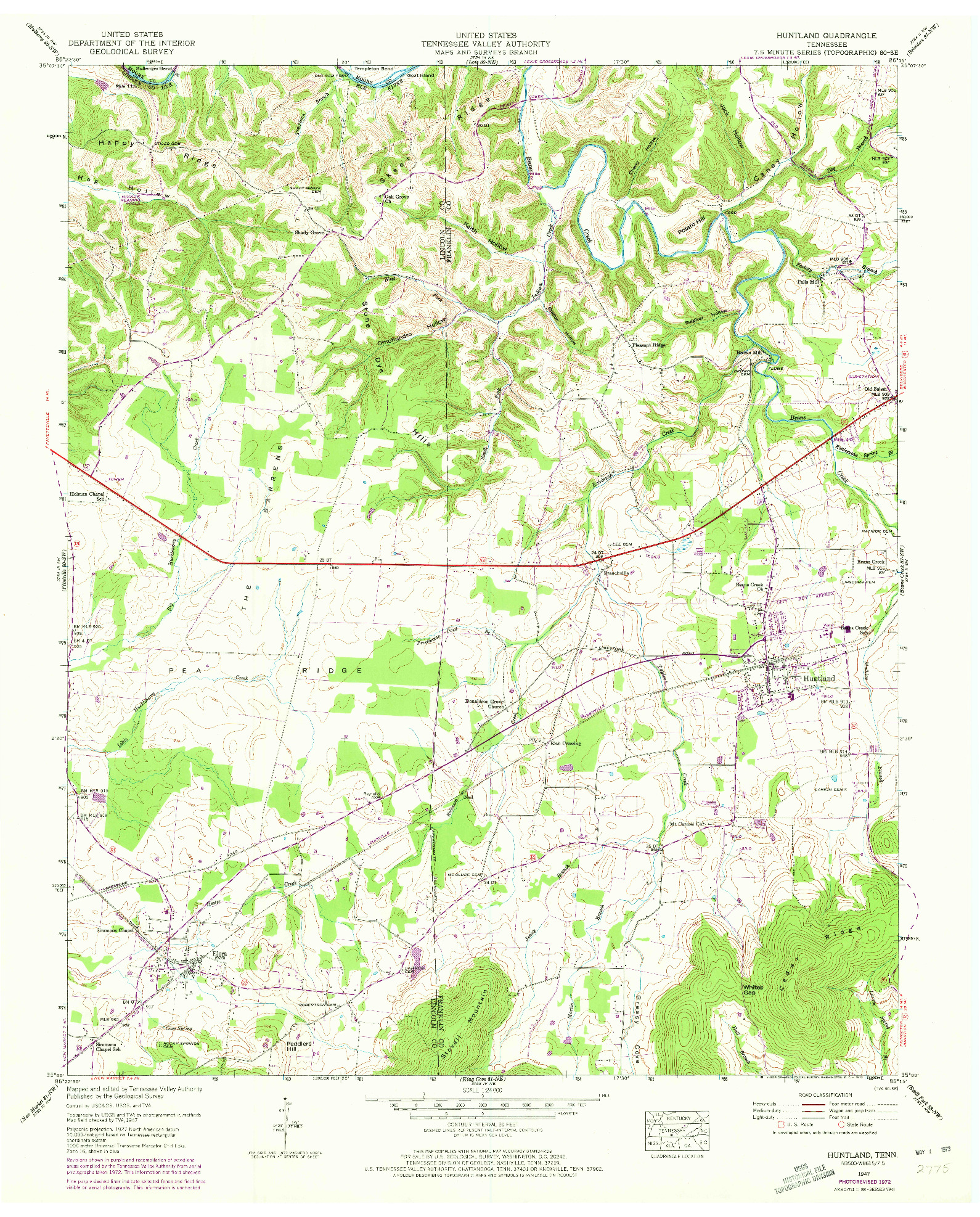 USGS 1:24000-SCALE QUADRANGLE FOR HUNTLAND, TN 1947