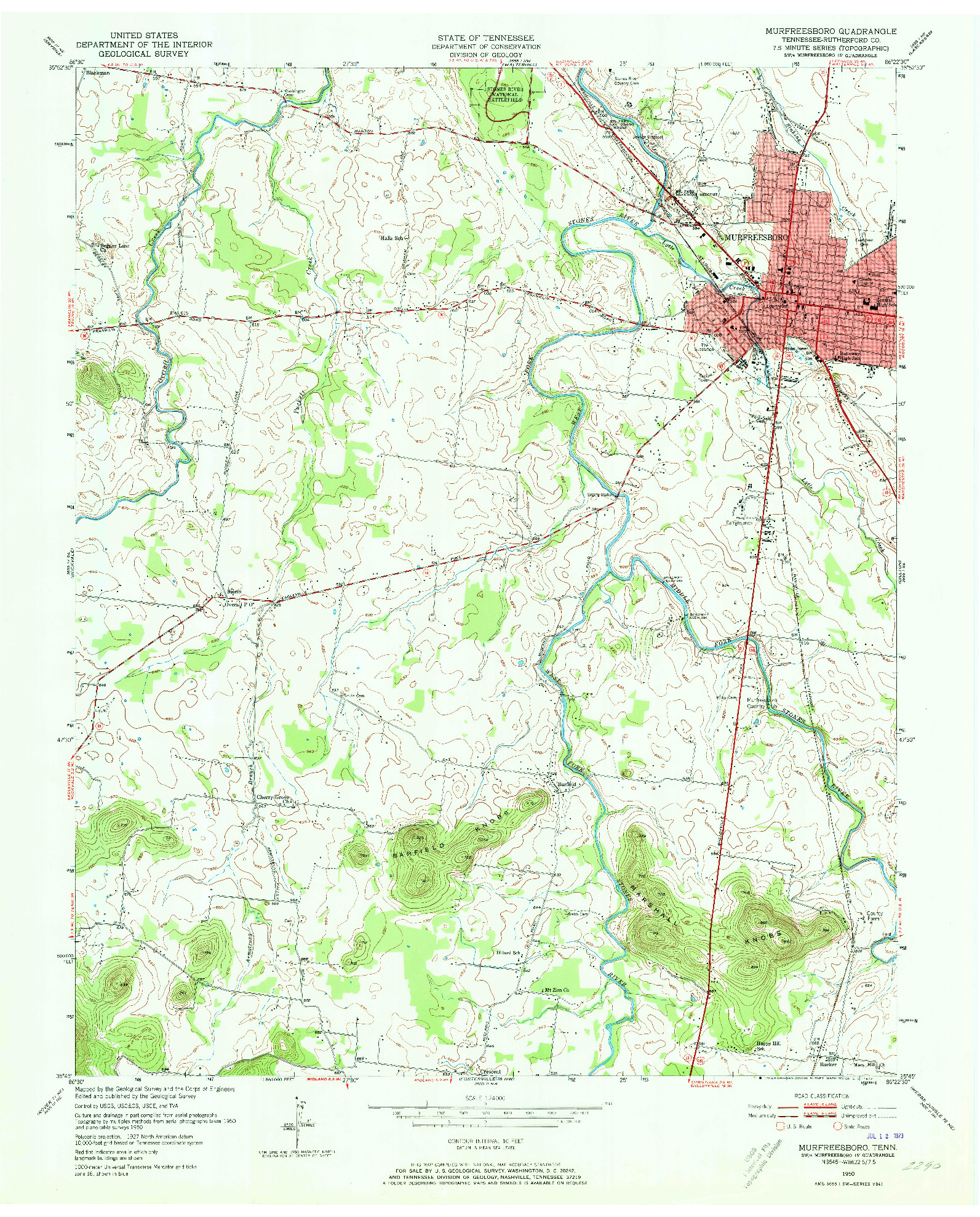 USGS 1:24000-SCALE QUADRANGLE FOR MURFREESBORO, TN 1950