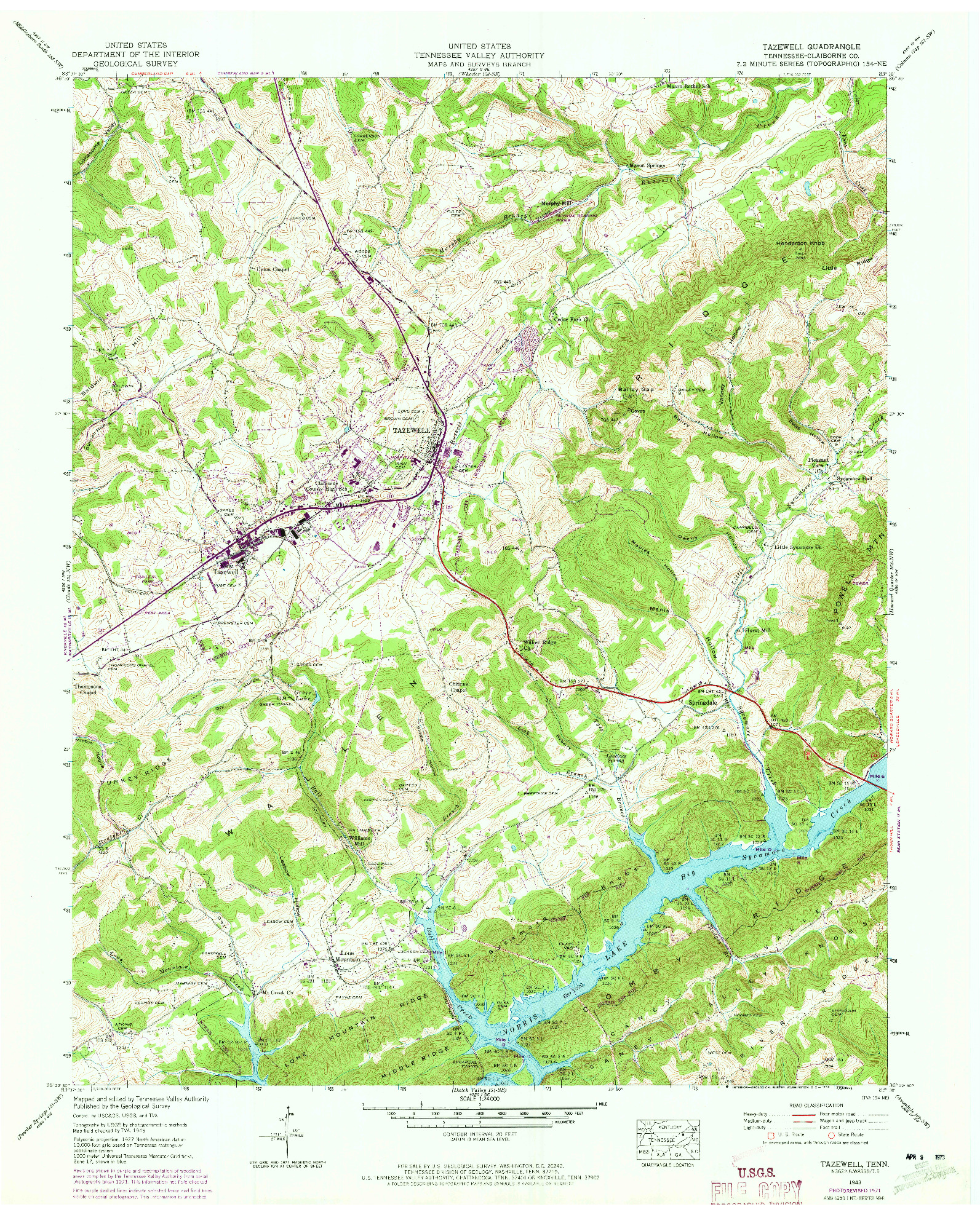 USGS 1:24000-SCALE QUADRANGLE FOR TAZEWELL, TN 1943