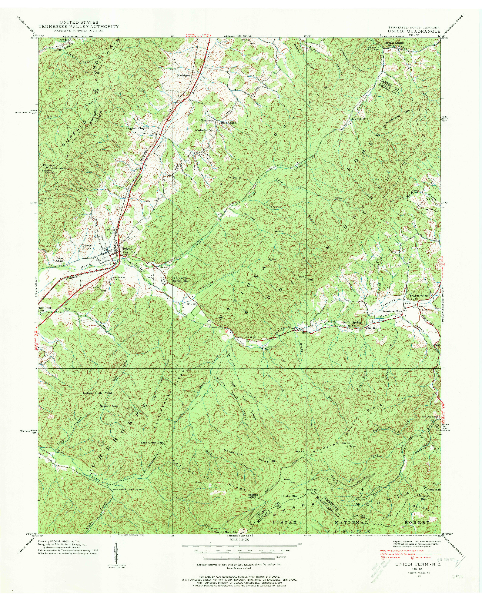 USGS 1:24000-SCALE QUADRANGLE FOR UNICOI, TN 1939