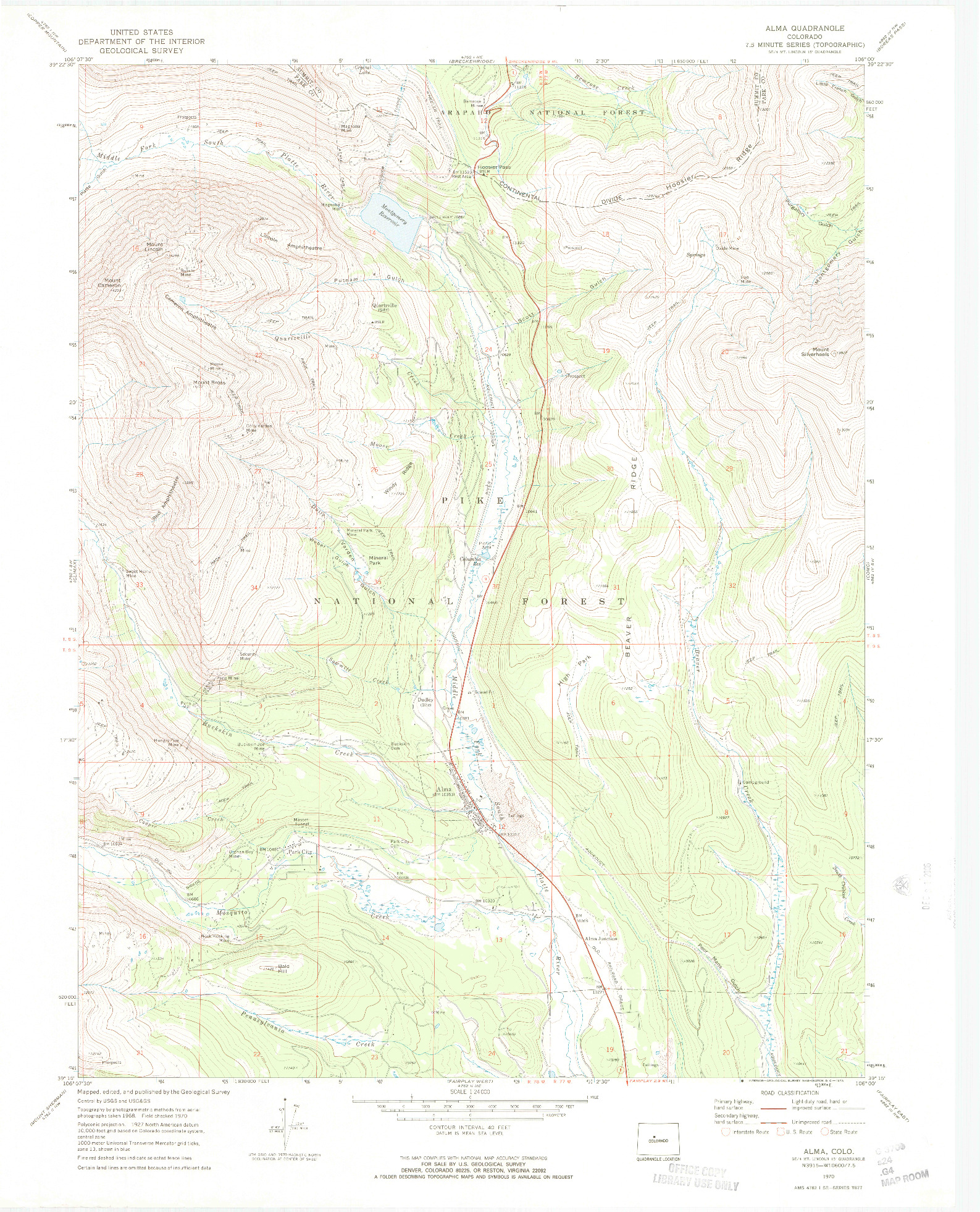 USGS 1:24000-SCALE QUADRANGLE FOR ALMA, CO 1970