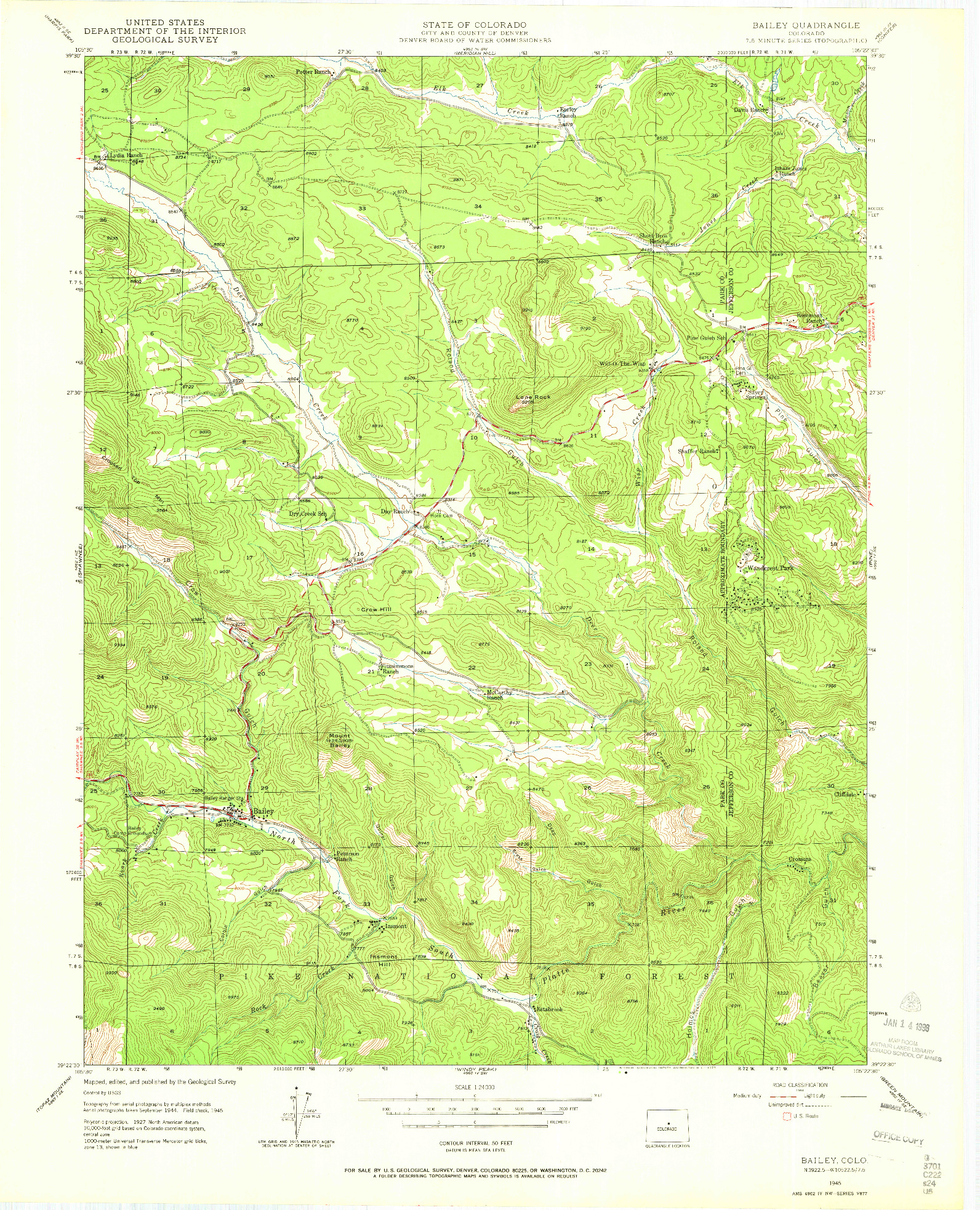 USGS 1:24000-SCALE QUADRANGLE FOR BAILEY, CO 1945