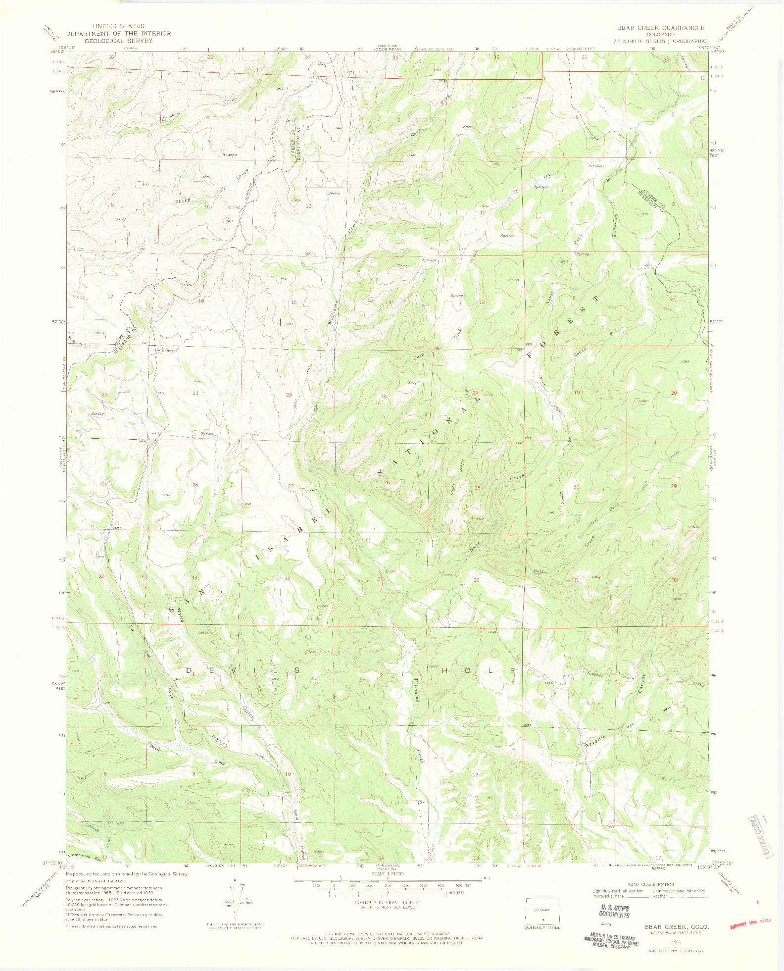 USGS 1:24000-SCALE QUADRANGLE FOR BEAR CREEK, CO 1969