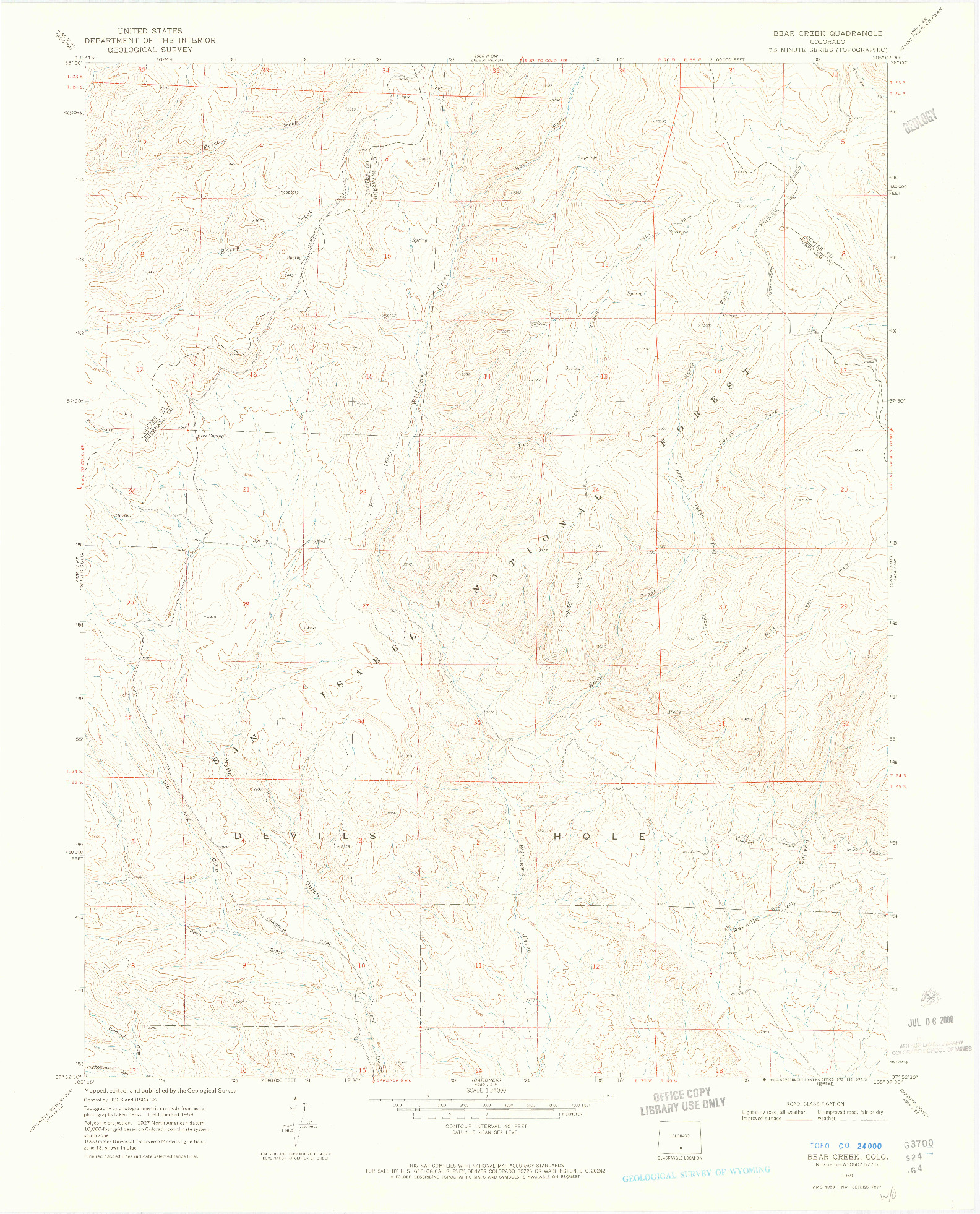 USGS 1:24000-SCALE QUADRANGLE FOR BEAR CREEK, CO 1969