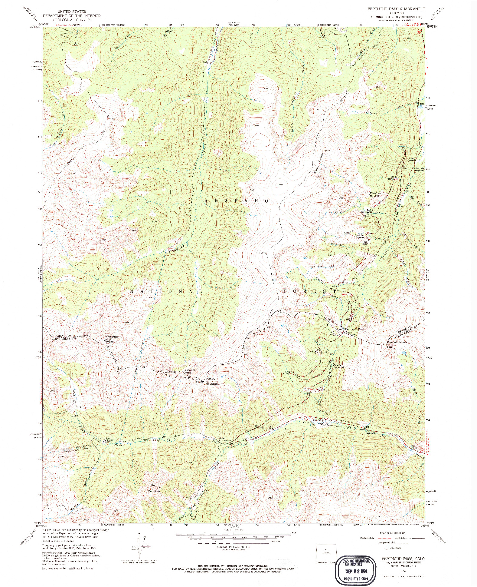 USGS 1:24000-SCALE QUADRANGLE FOR BERTHOUD PASS, CO 1957