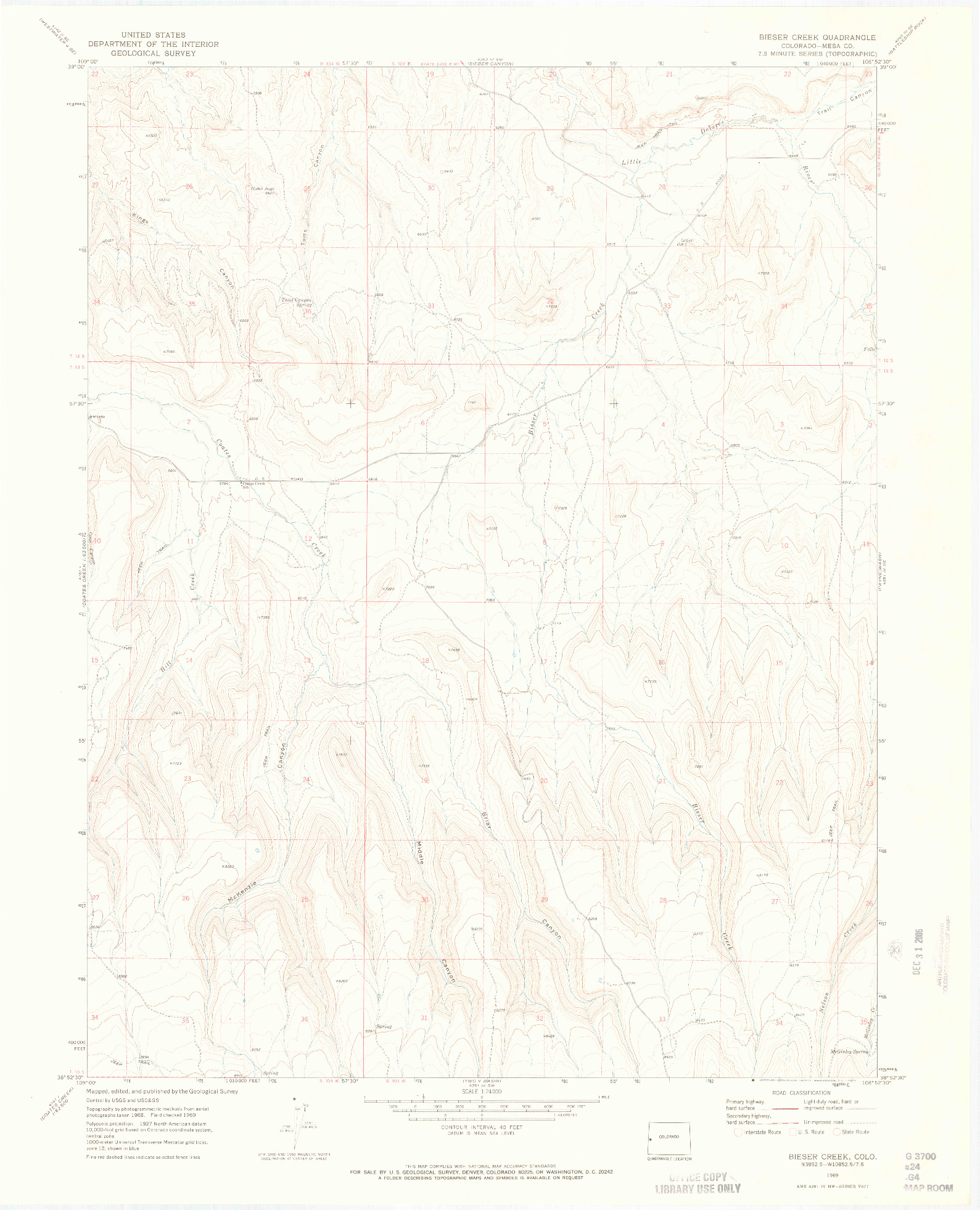 USGS 1:24000-SCALE QUADRANGLE FOR BIESER CREEK, CO 1969