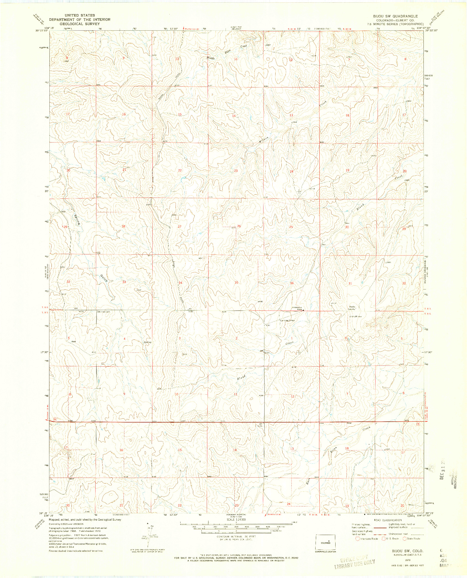 USGS 1:24000-SCALE QUADRANGLE FOR BIJOU SW, CO 1970