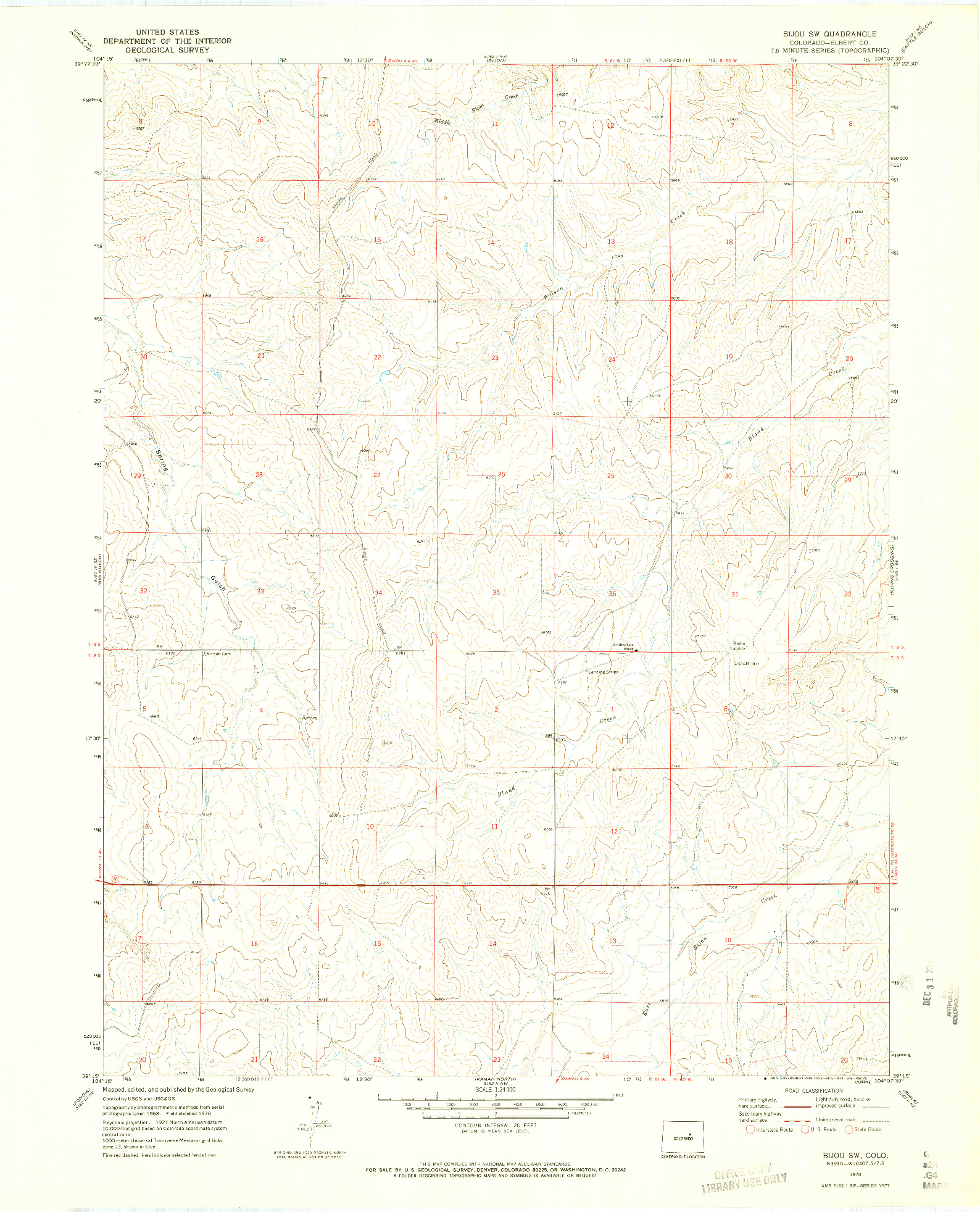 USGS 1:24000-SCALE QUADRANGLE FOR BIJOU SW, CO 1970