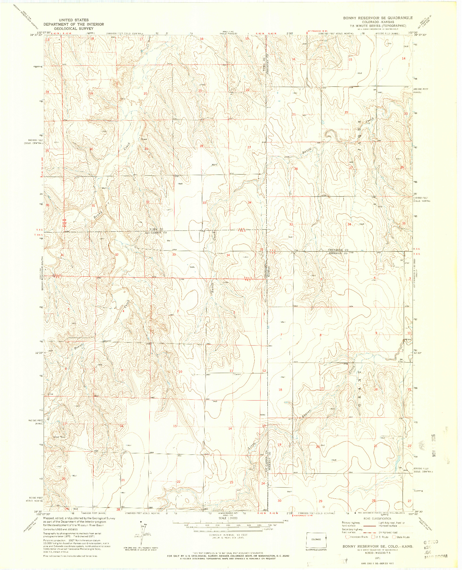 USGS 1:24000-SCALE QUADRANGLE FOR BONNY RESERVOIR SE, CO 1971