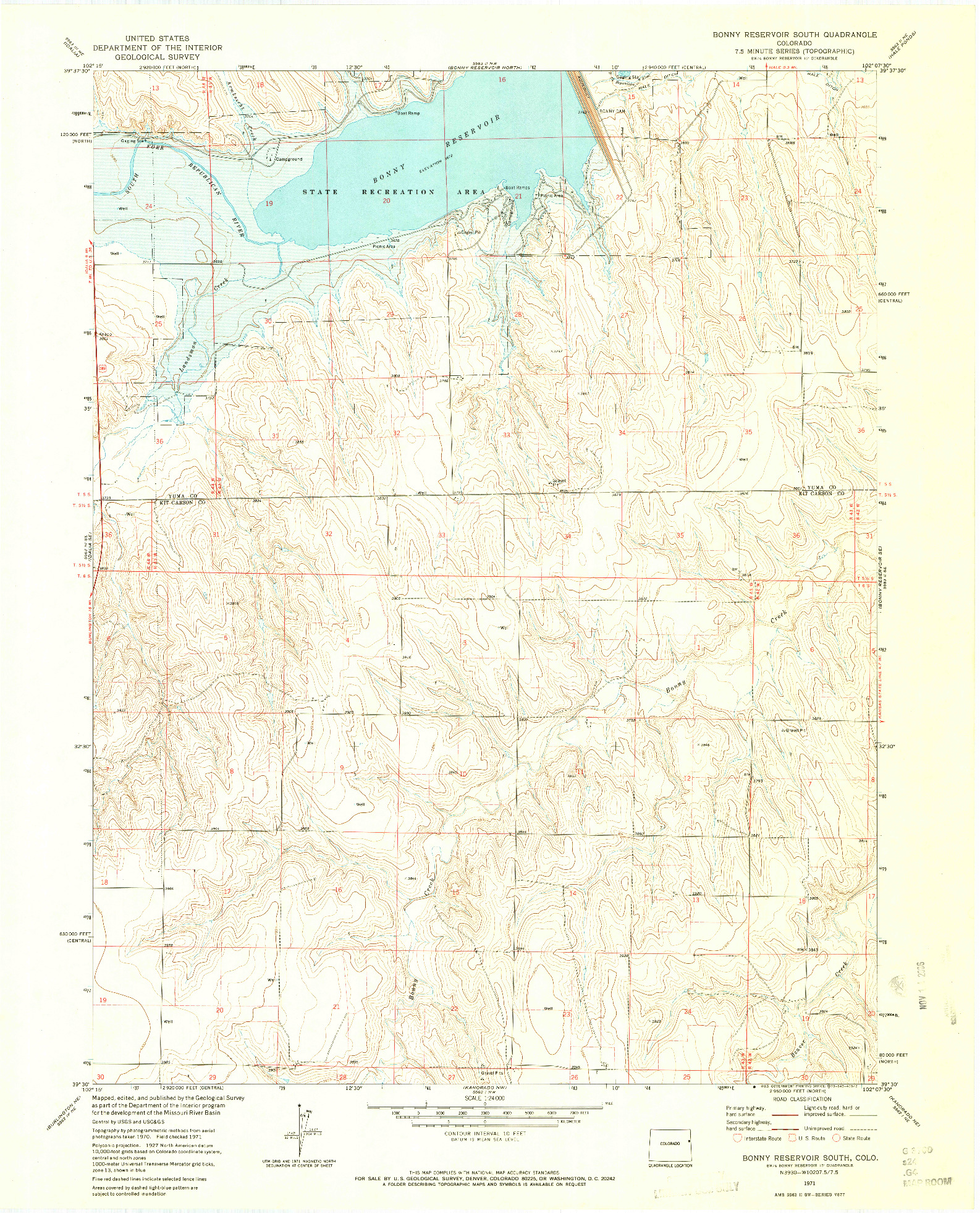 USGS 1:24000-SCALE QUADRANGLE FOR BONNY RESERVOIR SOUTH, CO 1971
