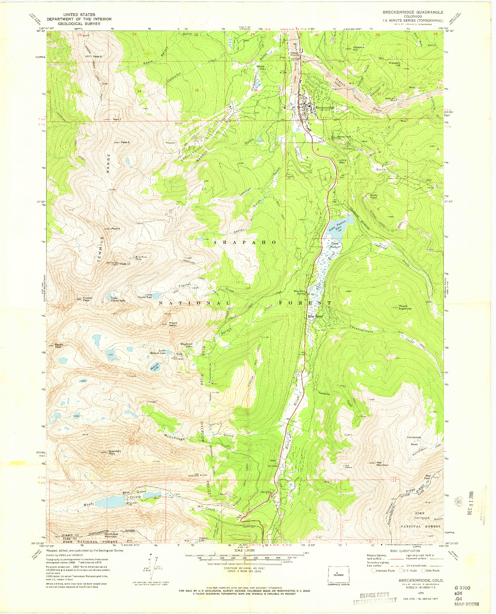 USGS 1:24000-SCALE QUADRANGLE FOR BRECKENRIDGE, CO 1970