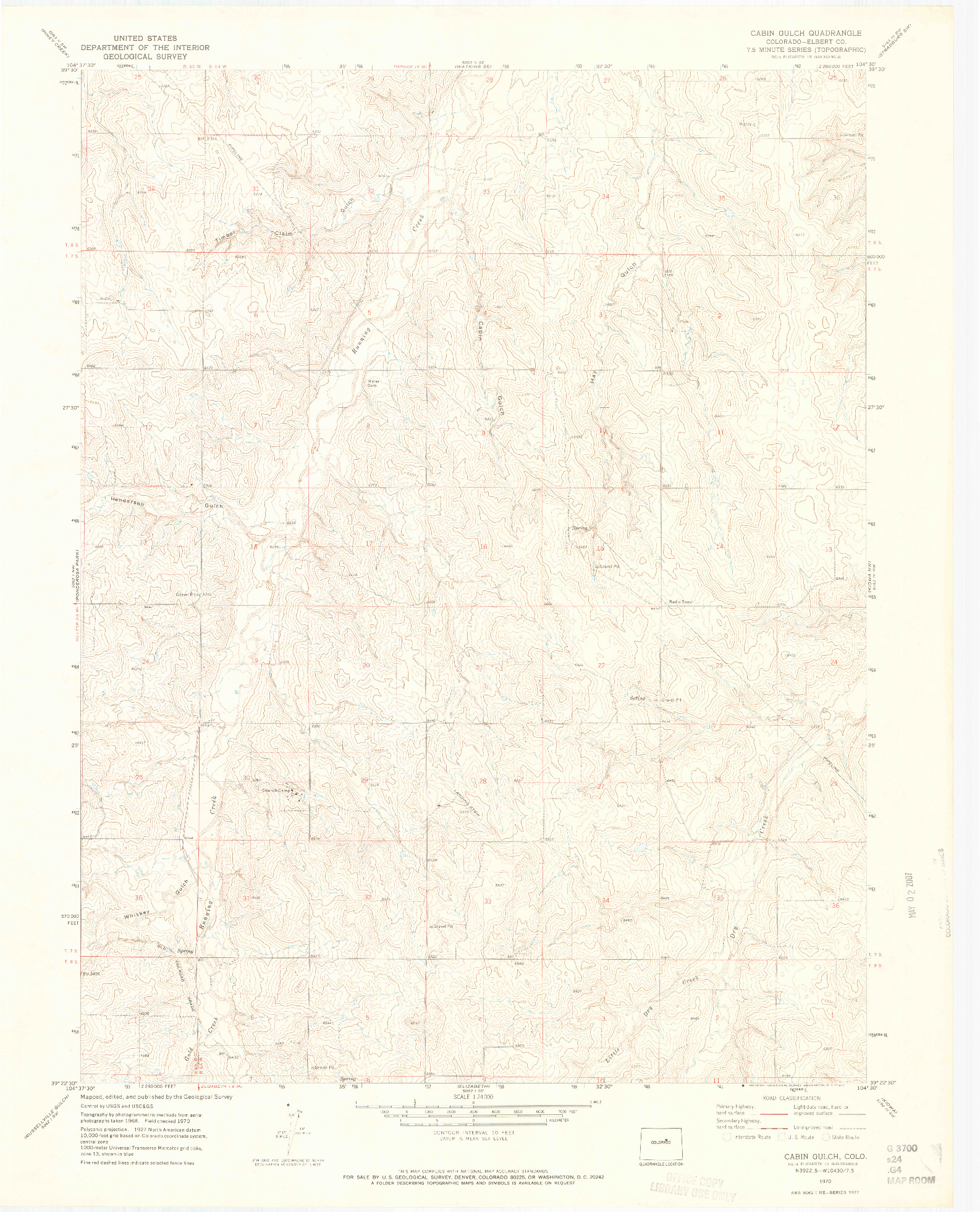 USGS 1:24000-SCALE QUADRANGLE FOR CABIN GULCH, CO 1970