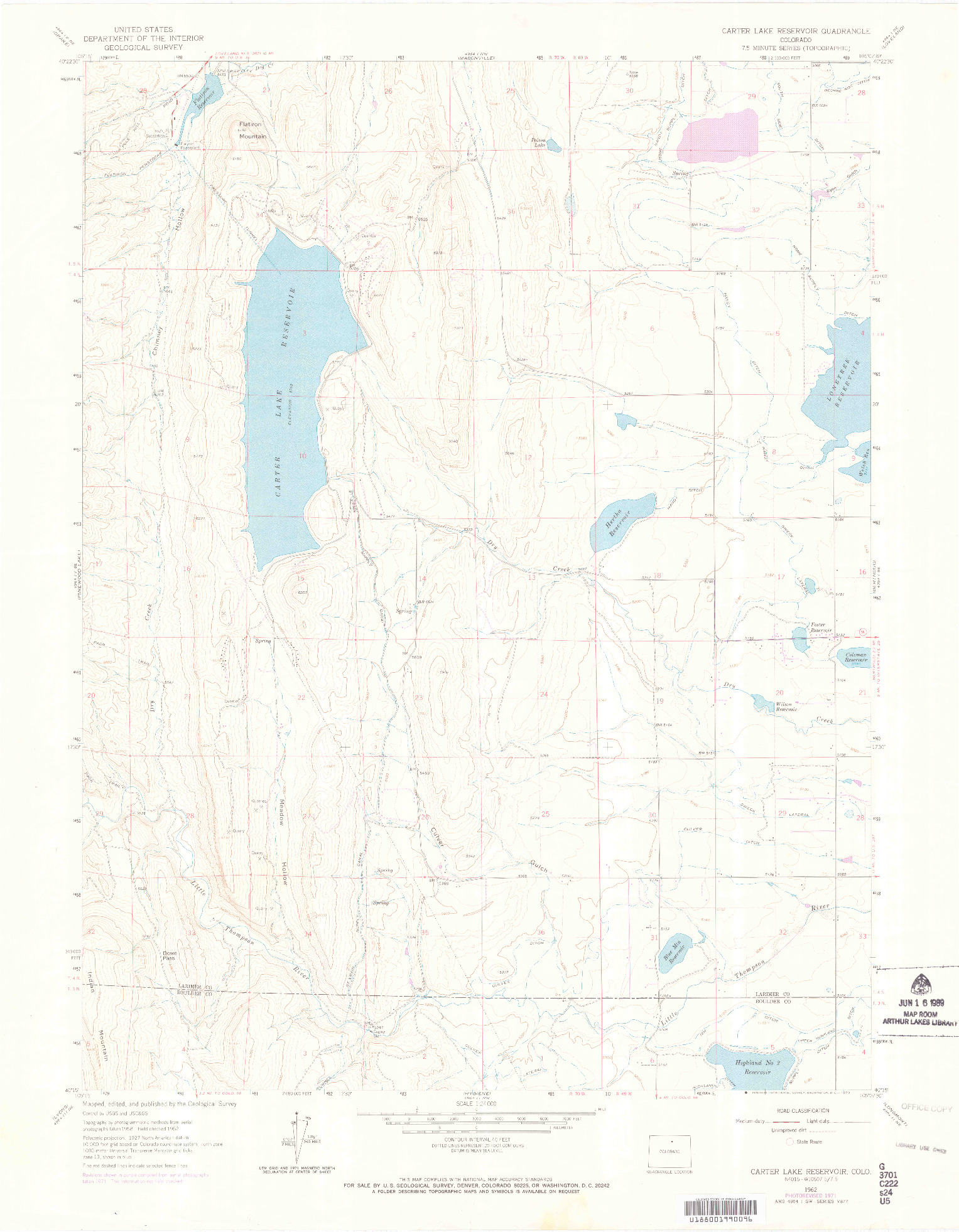 USGS 1:24000-SCALE QUADRANGLE FOR CARTER LAKE RESERVOIR, CO 1962