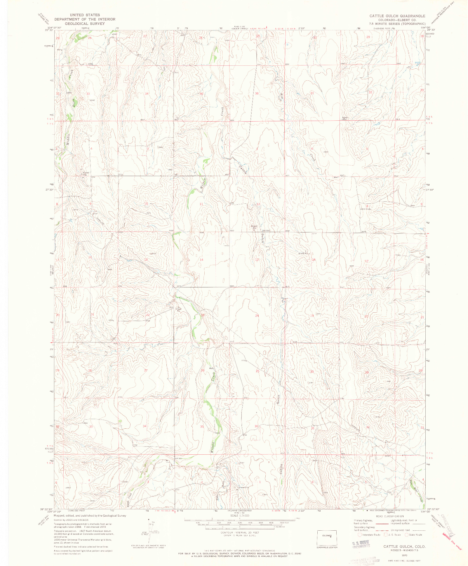 USGS 1:24000-SCALE QUADRANGLE FOR CATTLE GULCH, CO 1970