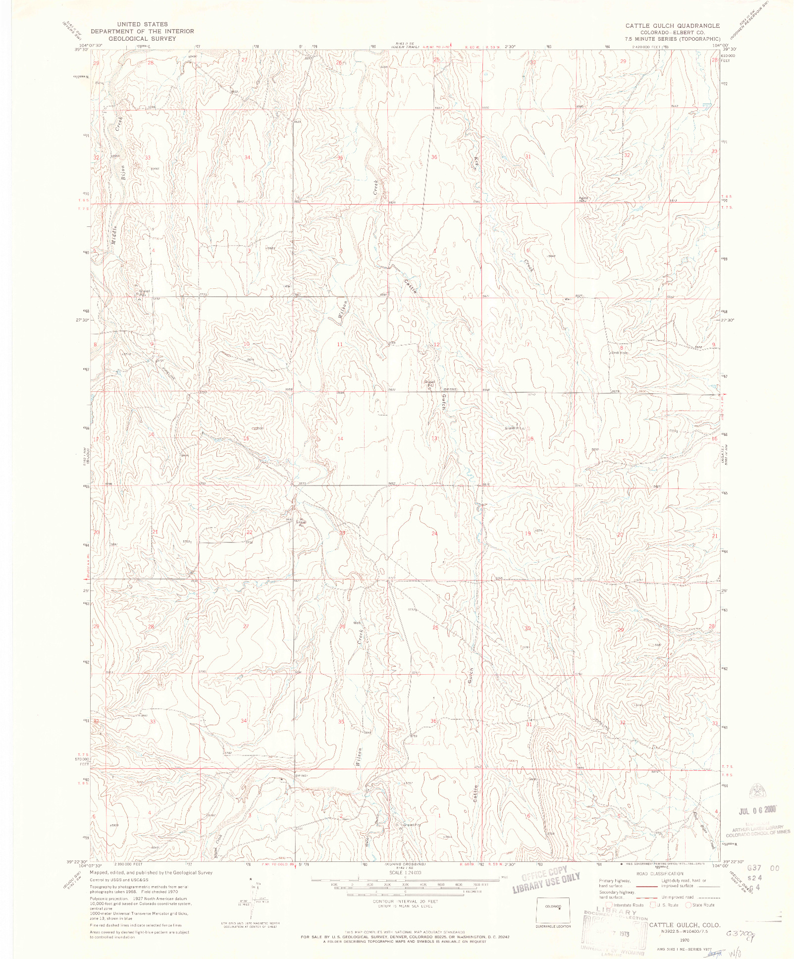 USGS 1:24000-SCALE QUADRANGLE FOR CATTLE GULCH, CO 1970