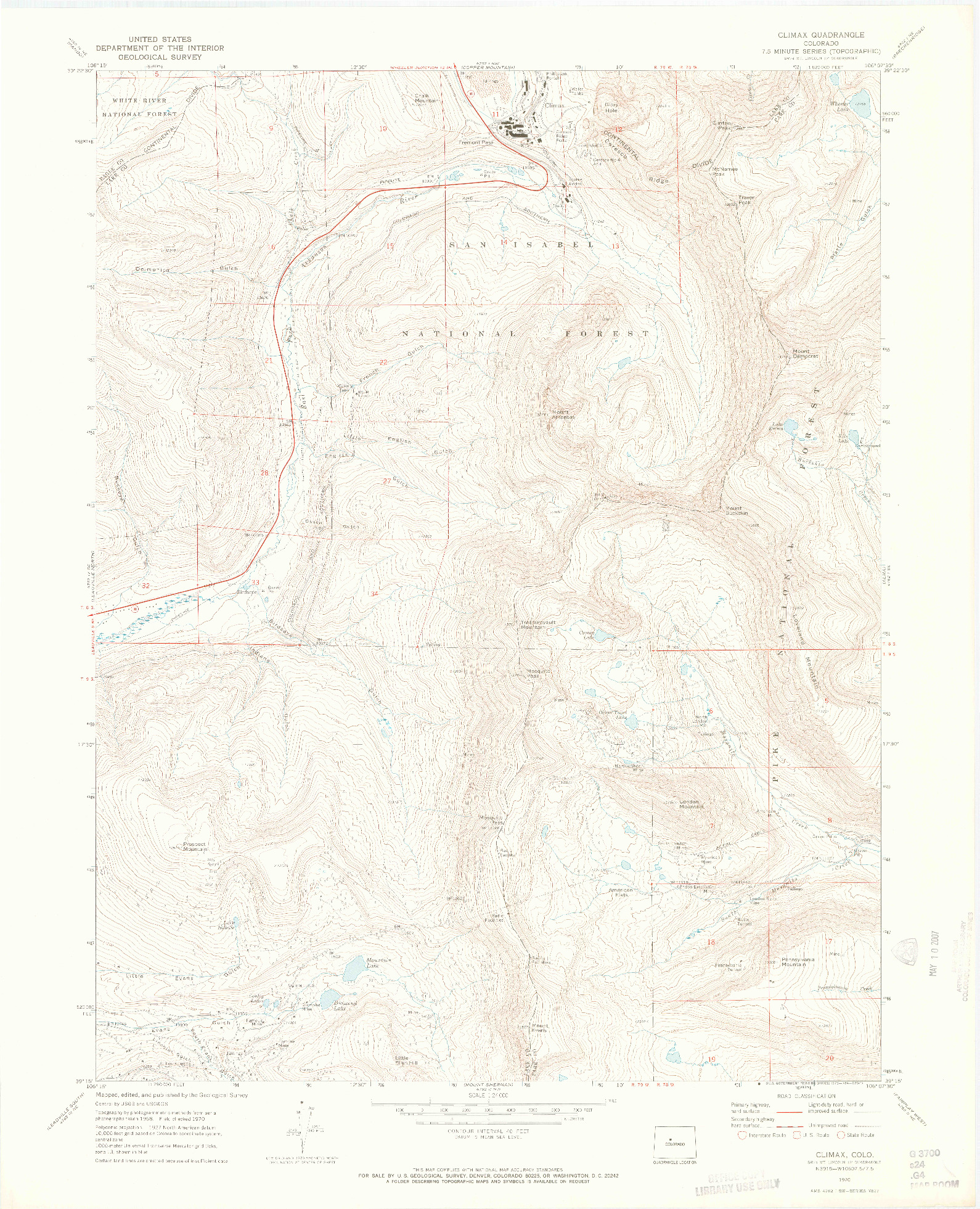USGS 1:24000-SCALE QUADRANGLE FOR CLIMAX, CO 1970
