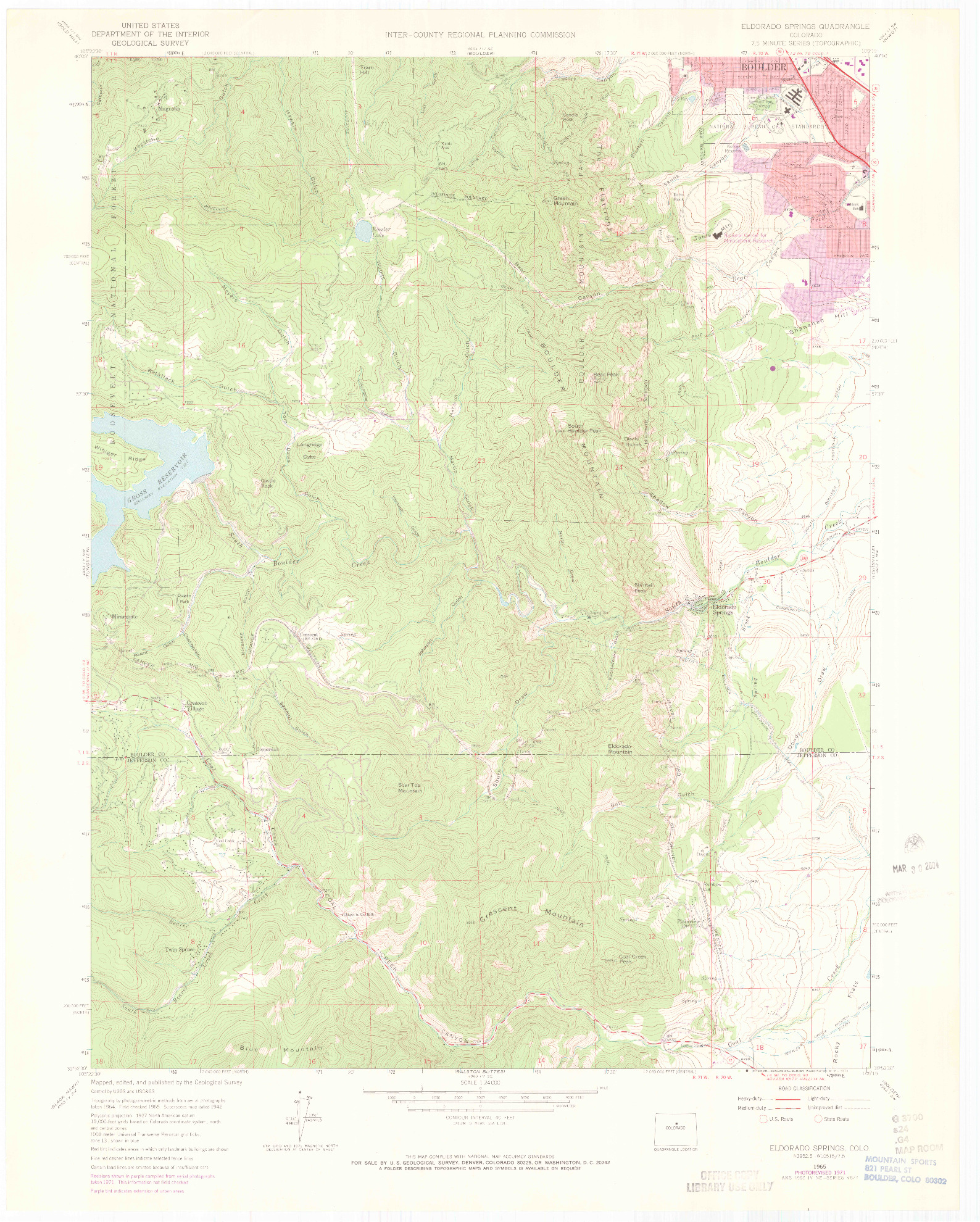 USGS 1:24000-SCALE QUADRANGLE FOR ELDORADO SPRINGS, CO 1965