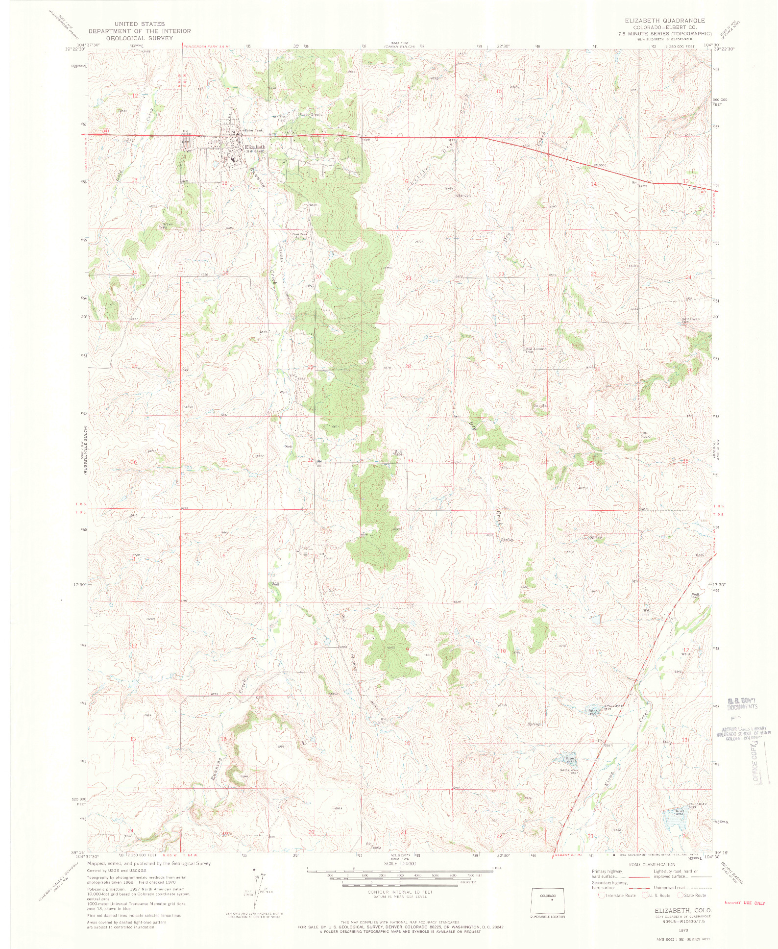 USGS 1:24000-SCALE QUADRANGLE FOR ELIZABETH, CO 1970