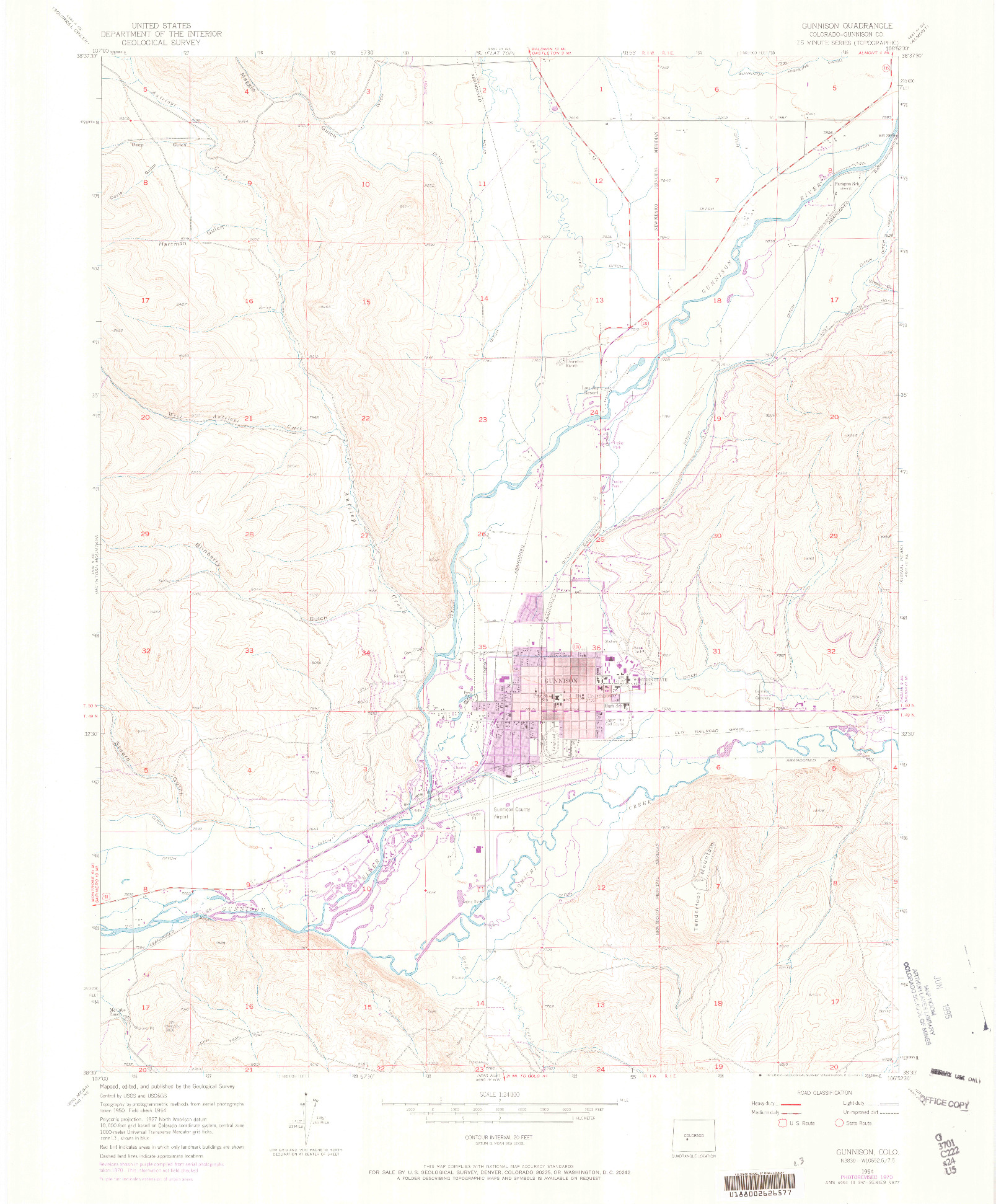 USGS 1:24000-SCALE QUADRANGLE FOR GUNNISON, CO 1954