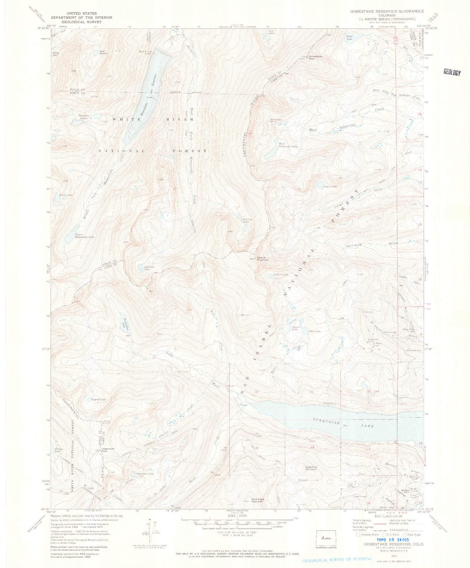 USGS 1:24000-SCALE QUADRANGLE FOR HOMESTAKE RESERVOIR, CO 1970