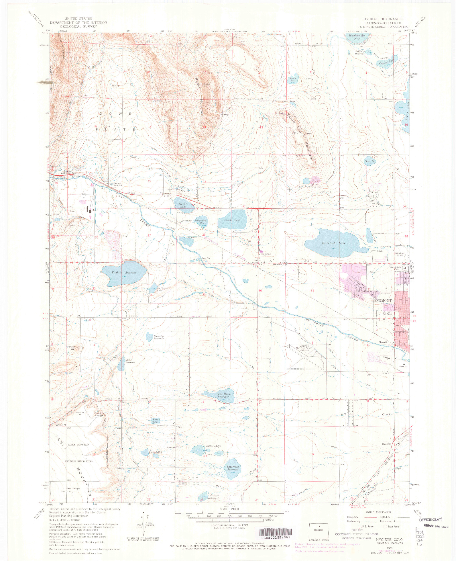 USGS 1:24000-SCALE QUADRANGLE FOR HYGIENE, CO 1968