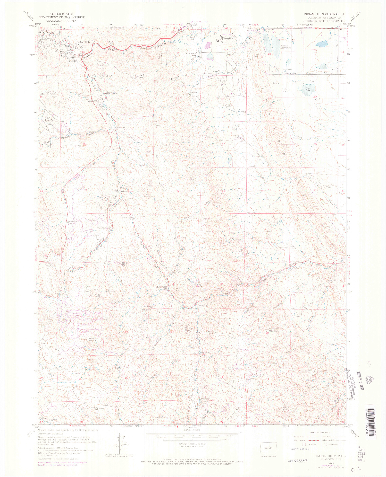 USGS 1:24000-SCALE QUADRANGLE FOR INDIAN HILLS, CO 1965