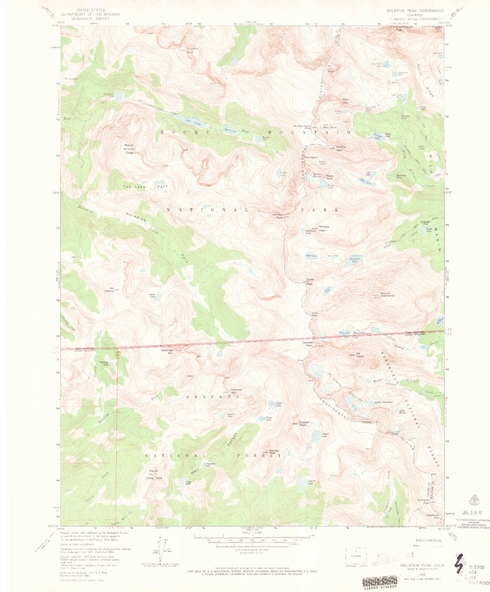 USGS 1:24000-SCALE QUADRANGLE FOR ISOLATION PEAK, CO 1958