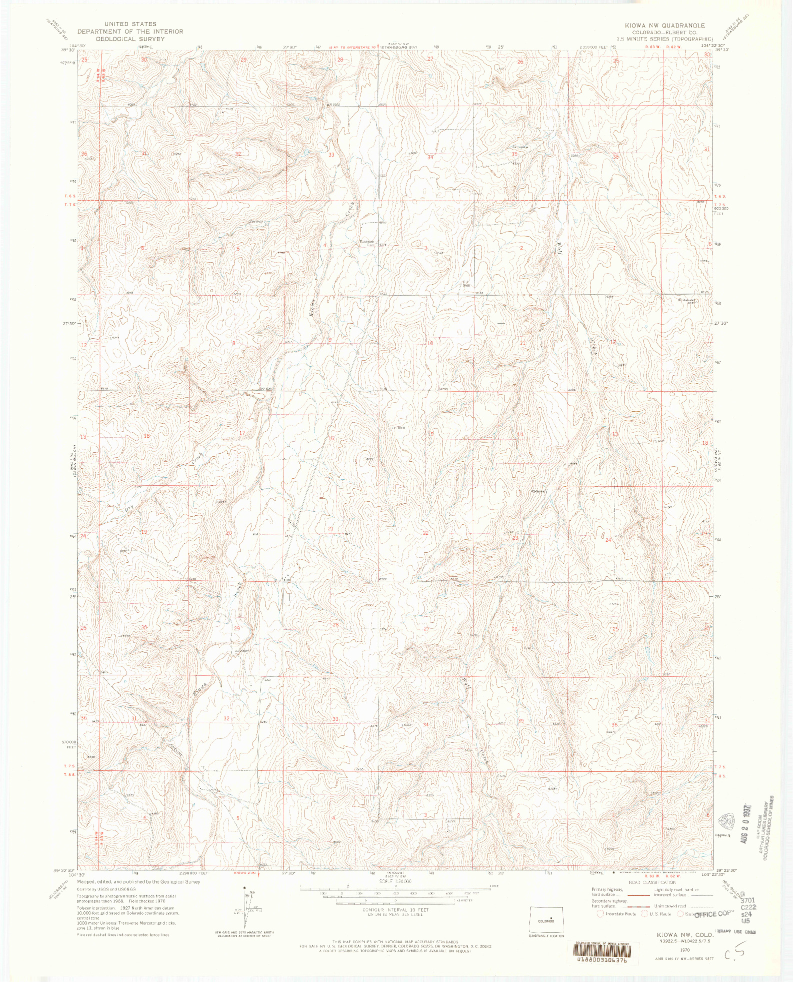 USGS 1:24000-SCALE QUADRANGLE FOR KIOWA NW, CO 1970