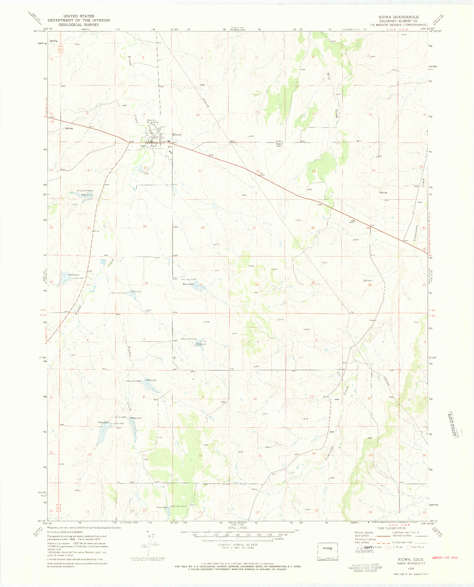 USGS 1:24000-SCALE QUADRANGLE FOR KIOWA, CO 1970