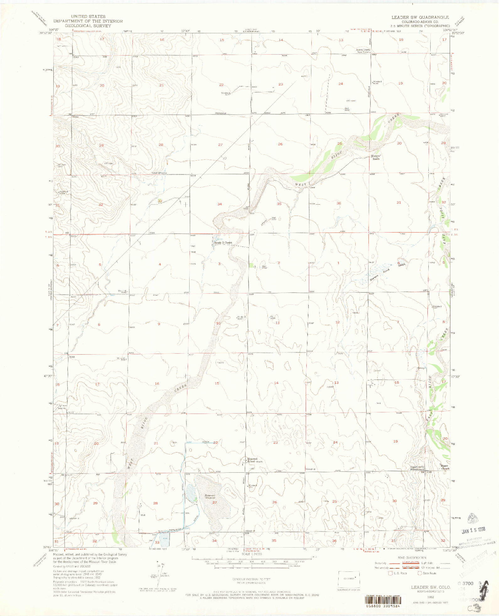 USGS 1:24000-SCALE QUADRANGLE FOR LEADER SW, CO 1952