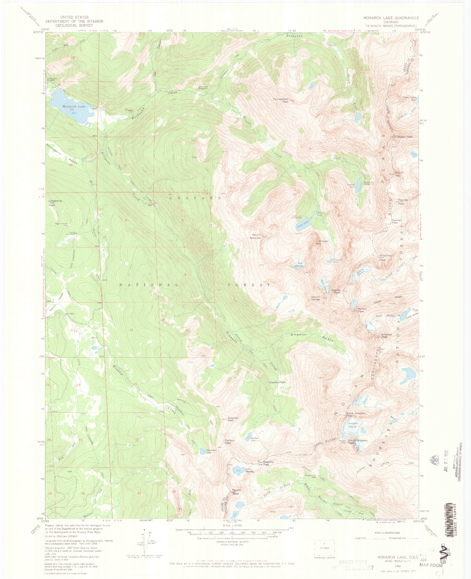 USGS 1:24000-SCALE QUADRANGLE FOR MONARCH LAKE, CO 1958