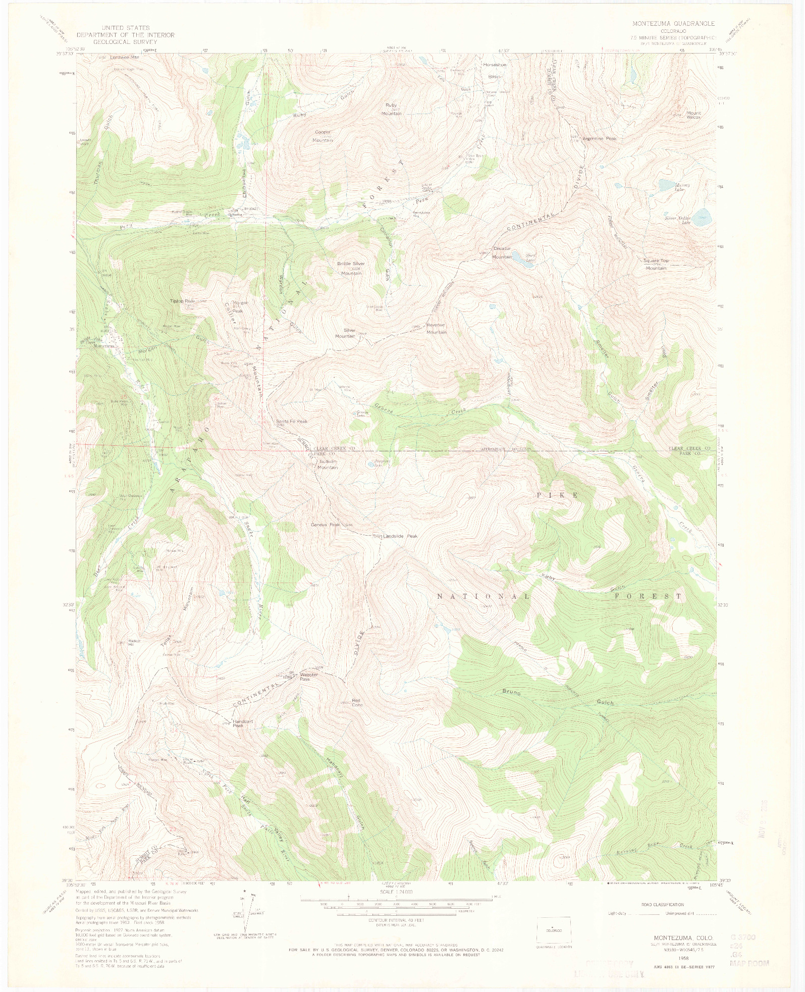 USGS 1:24000-SCALE QUADRANGLE FOR MONTEZUMA, CO 1958