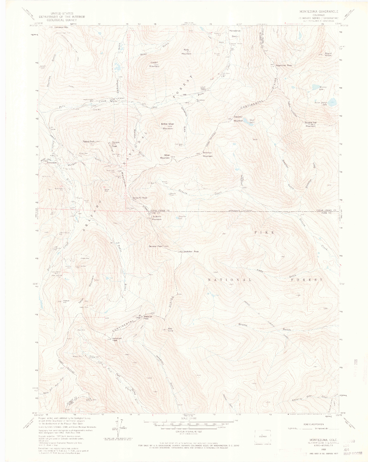 USGS 1:24000-SCALE QUADRANGLE FOR MONTEZUMA, CO 1958