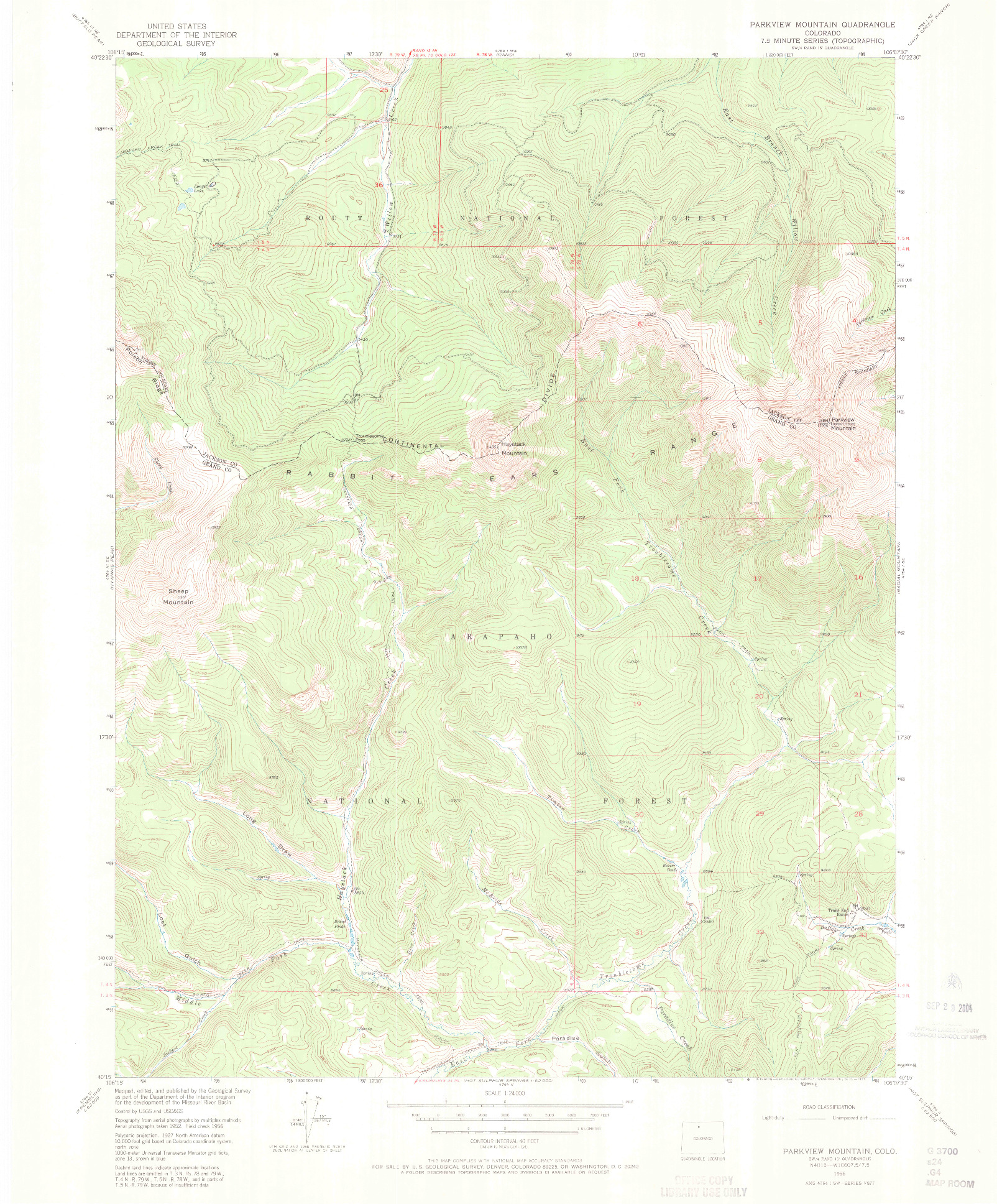 USGS 1:24000-SCALE QUADRANGLE FOR PARKVIEW MOUNTAIN, CO 1956