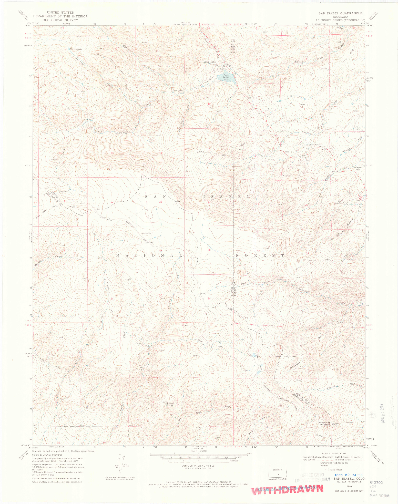 USGS 1:24000-SCALE QUADRANGLE FOR SAN ISABEL, CO 1969