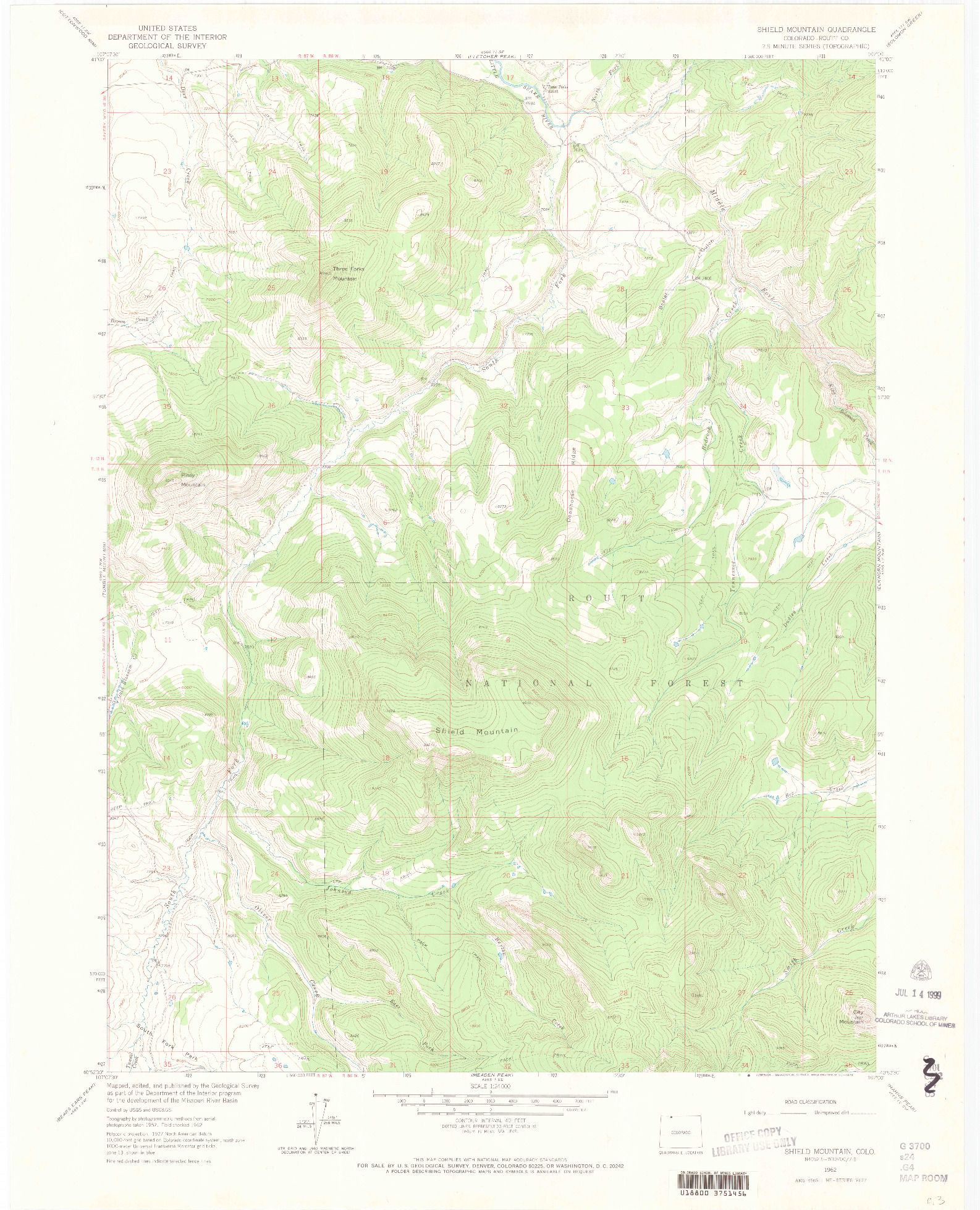 USGS 1:24000-SCALE QUADRANGLE FOR SHIELD MOUNTAIN, CO 1962