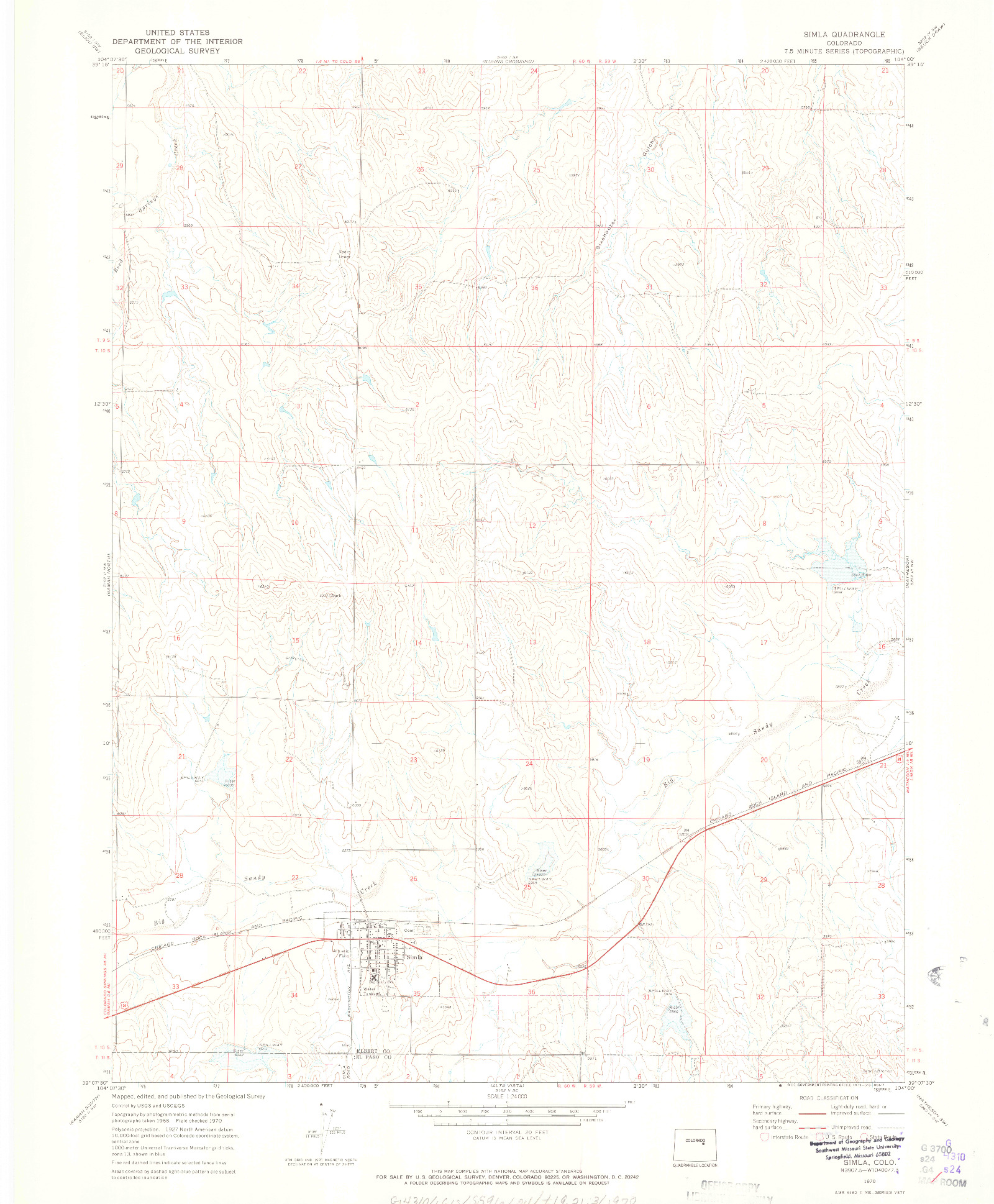 USGS 1:24000-SCALE QUADRANGLE FOR SIMLA, CO 1970