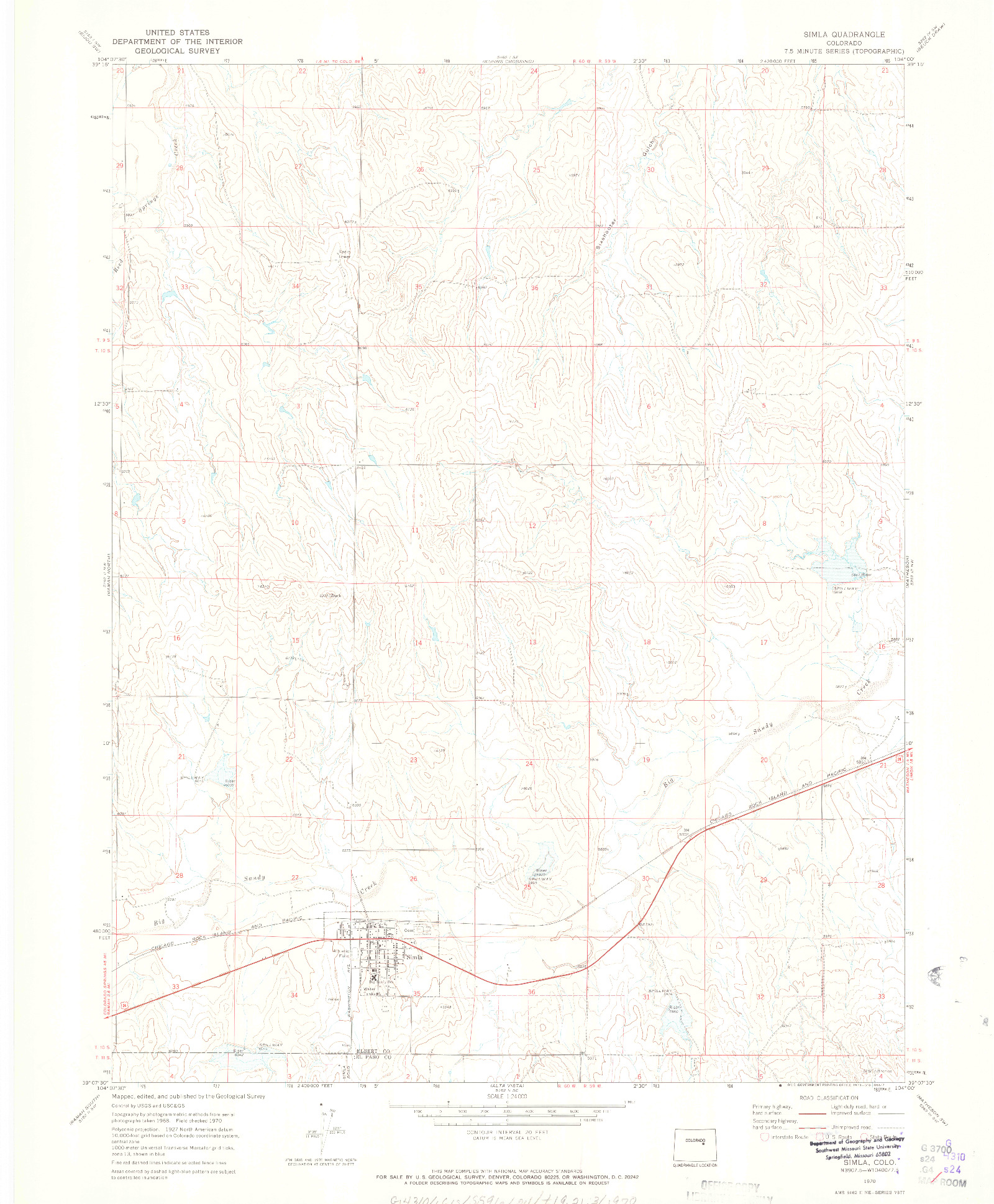 USGS 1:24000-SCALE QUADRANGLE FOR SIMLA, CO 1970