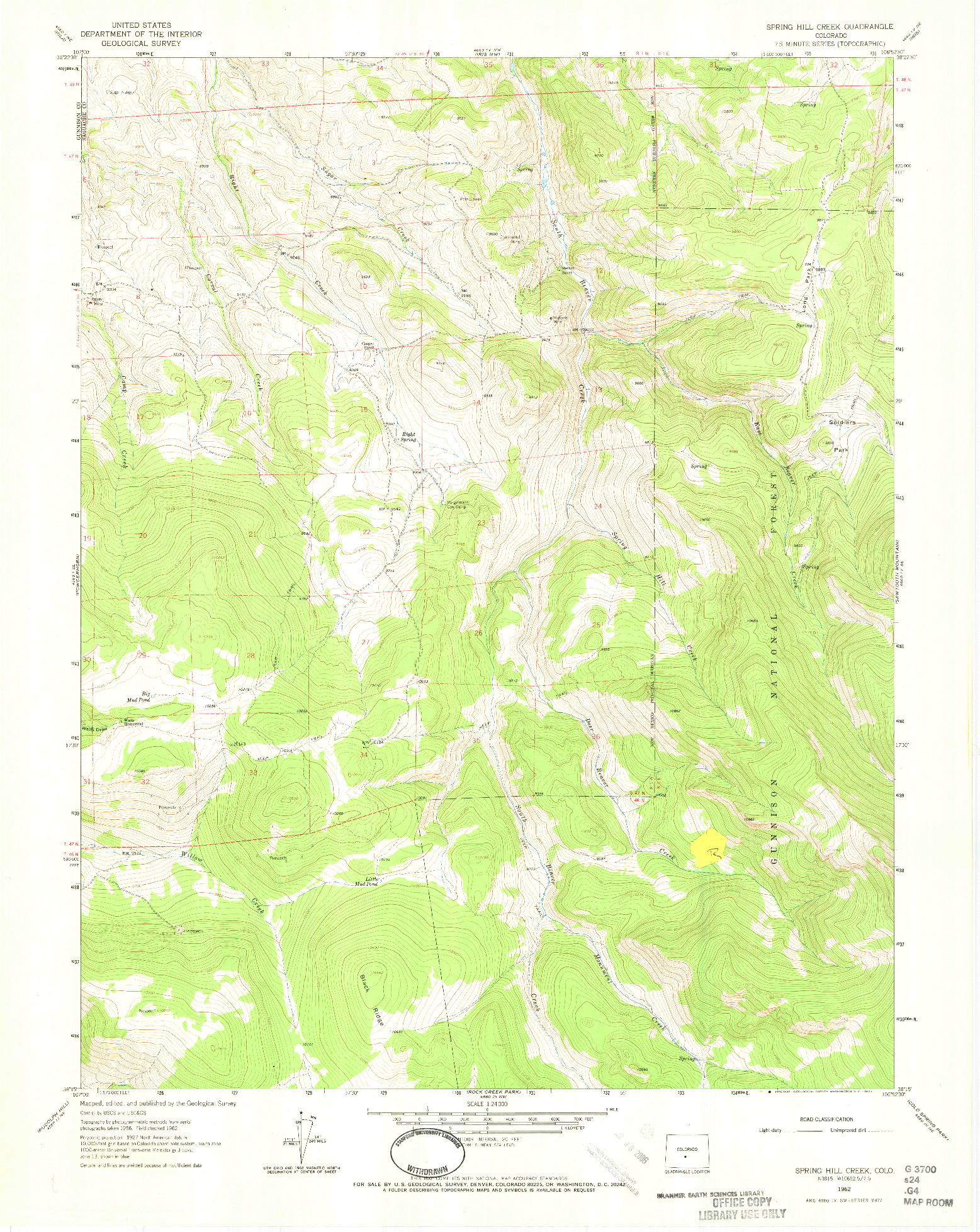 USGS 1:24000-SCALE QUADRANGLE FOR SPRING HILL CREEK, CO 1962