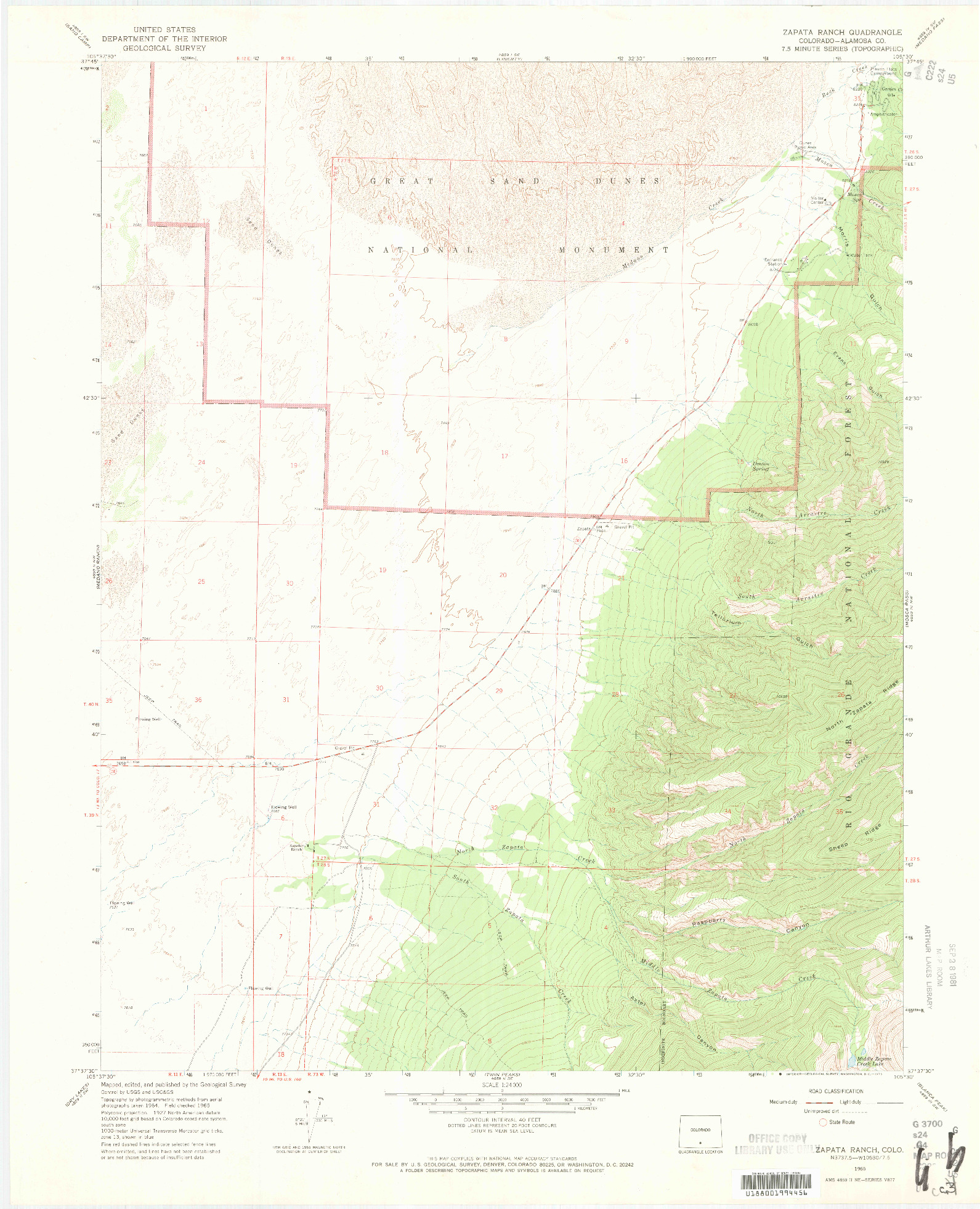 USGS 1:24000-SCALE QUADRANGLE FOR ZAPATA RANCH, CO 1965