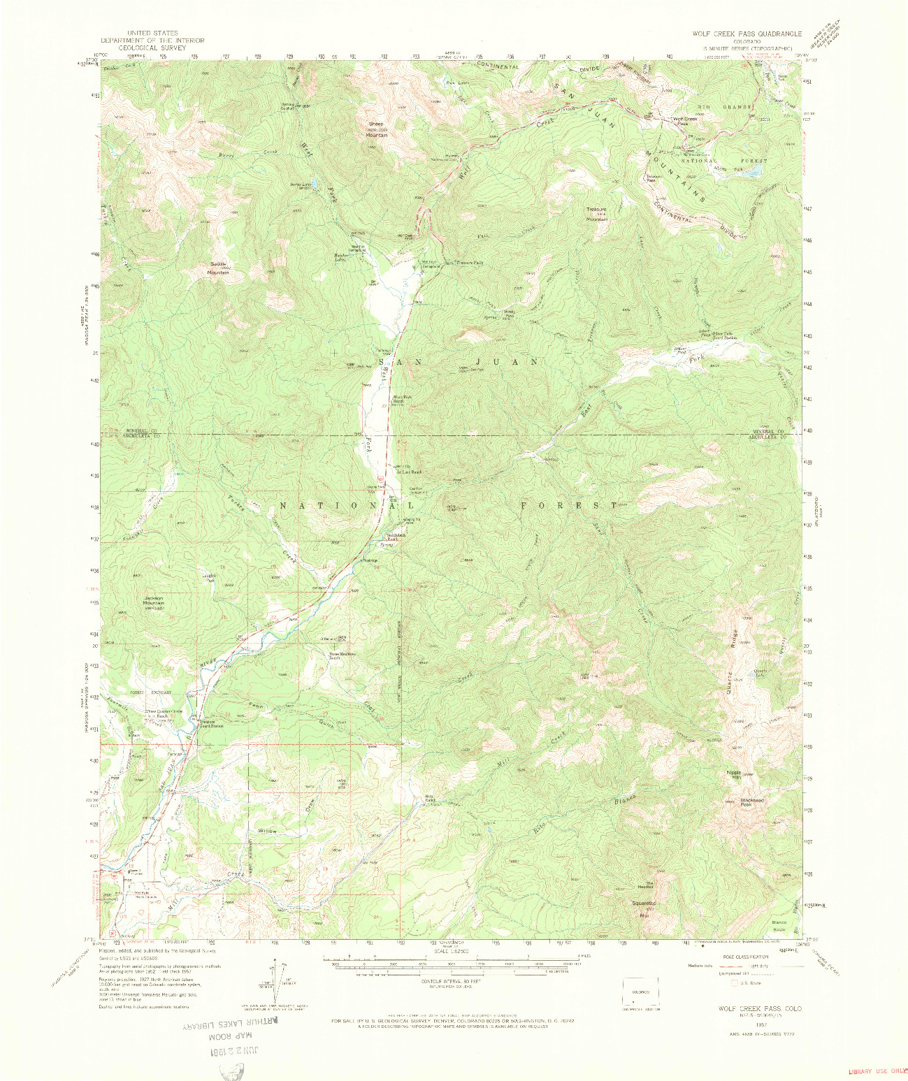 USGS 1:62500-SCALE QUADRANGLE FOR WOLF CREEK PASS, CO 1957