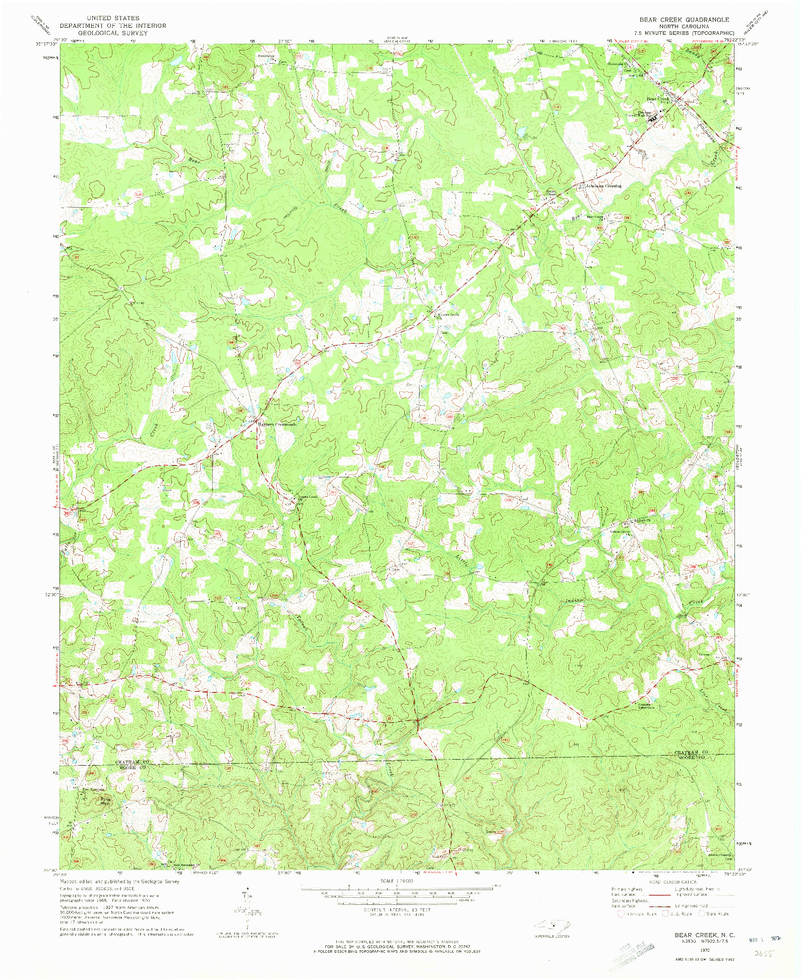 USGS 1:24000-SCALE QUADRANGLE FOR BEAR CREEK, NC 1970